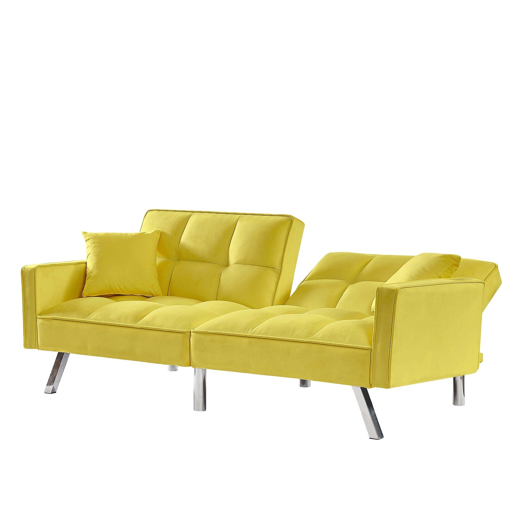 Modern Velvet Sofa Couch Bed with Armrests and 2 Pillows for Living Room and Bedroom .(YELLOW)