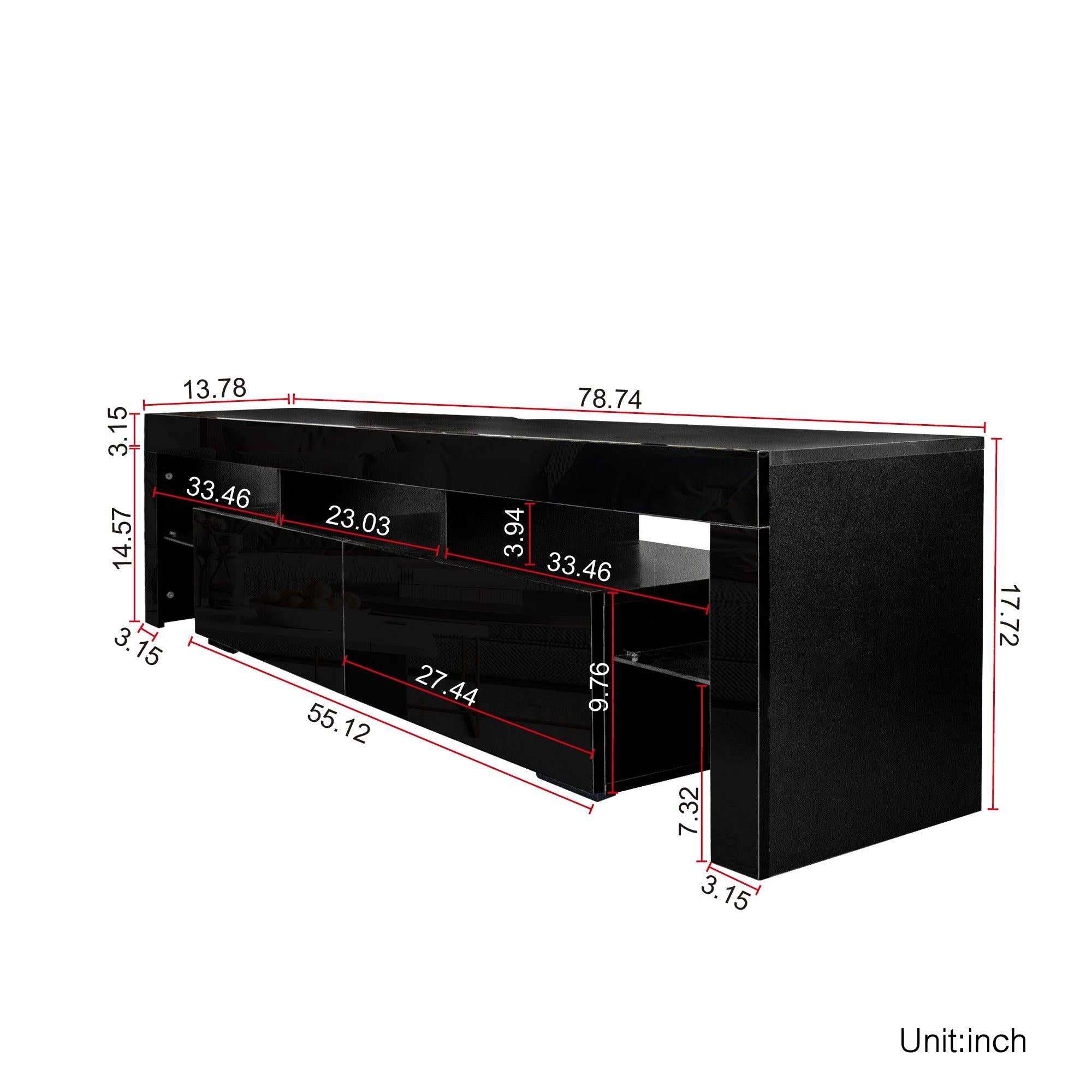 Modern gloss black TV Stand for 80 inch TV , 20 Colors LED TV Stand w/Remote Control Lights