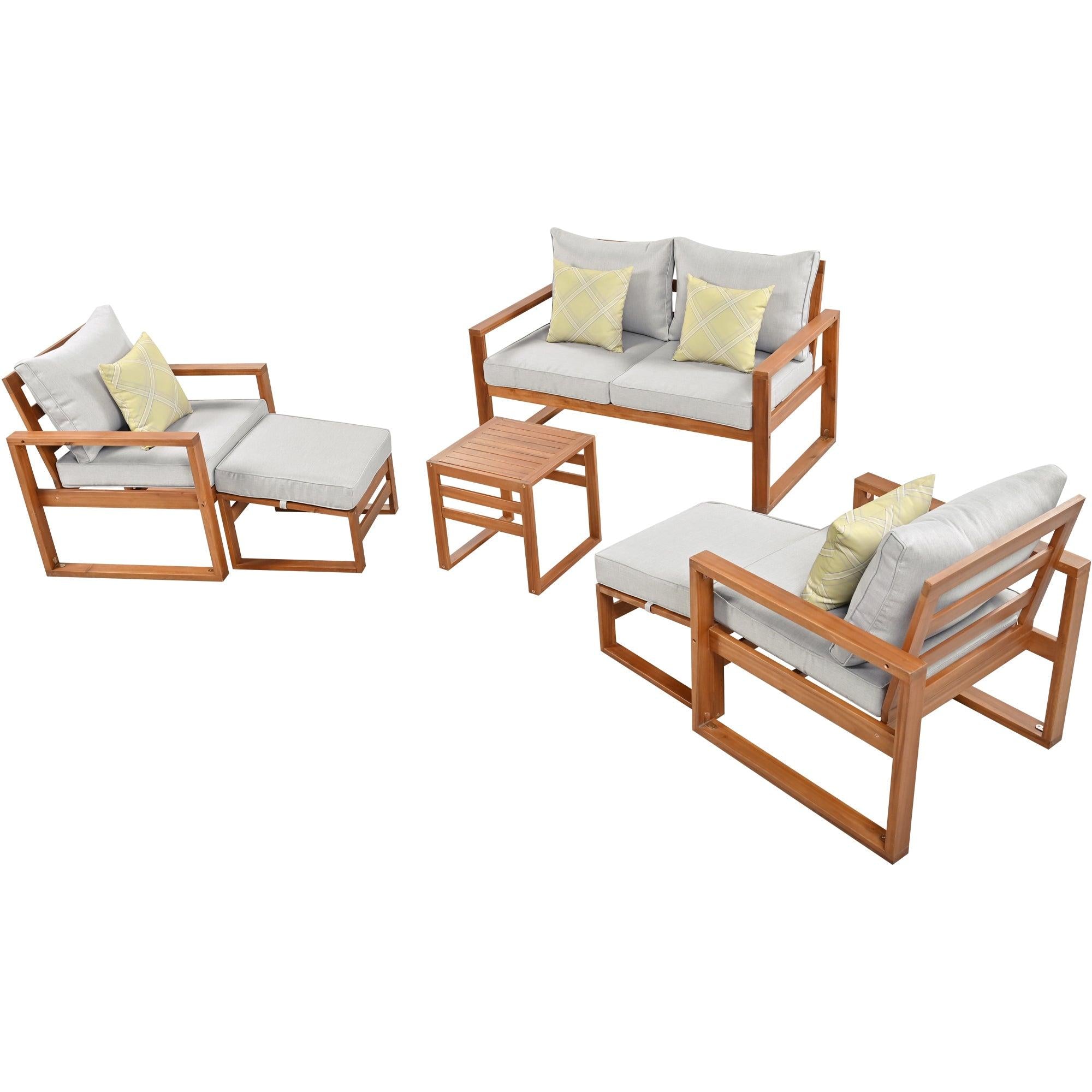 Outdoor Patio Wood 6-Piece Conversation Set, Sectional Garden Seating Groups Chat Set with Ottomans and Cushions for Backyard, Poolside, Balcony, Grey