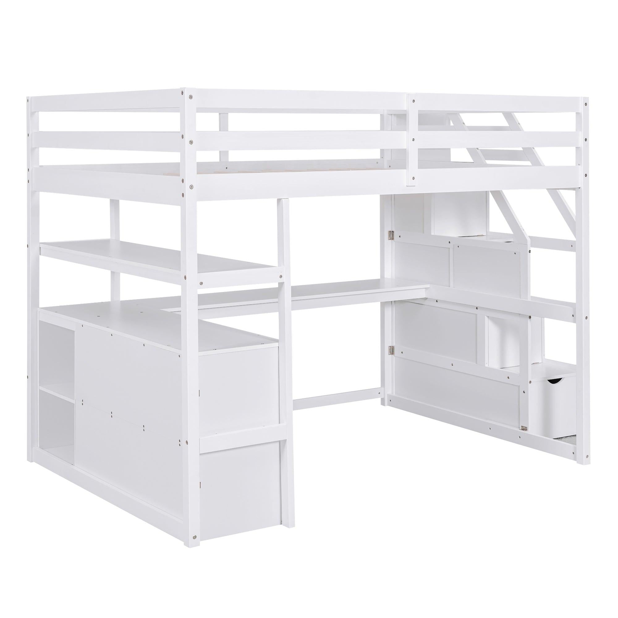 Full Size Loft Bed with Desk and Shelves, Two Built-in Drawers,Storage Staircase, White