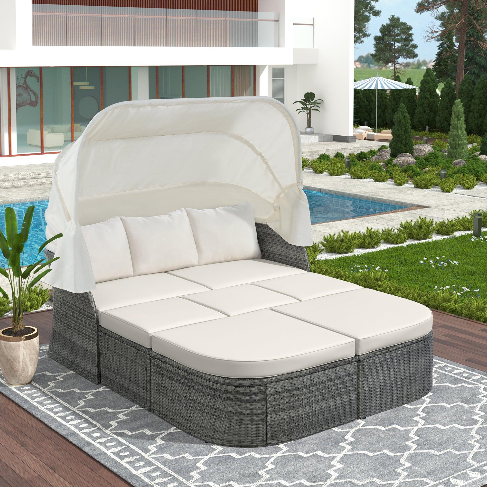 Outdoor Patio Furniture Set Daybed Sunbed with Retractable Canopy Conversation Set Wicker Furniture Sofa Set image