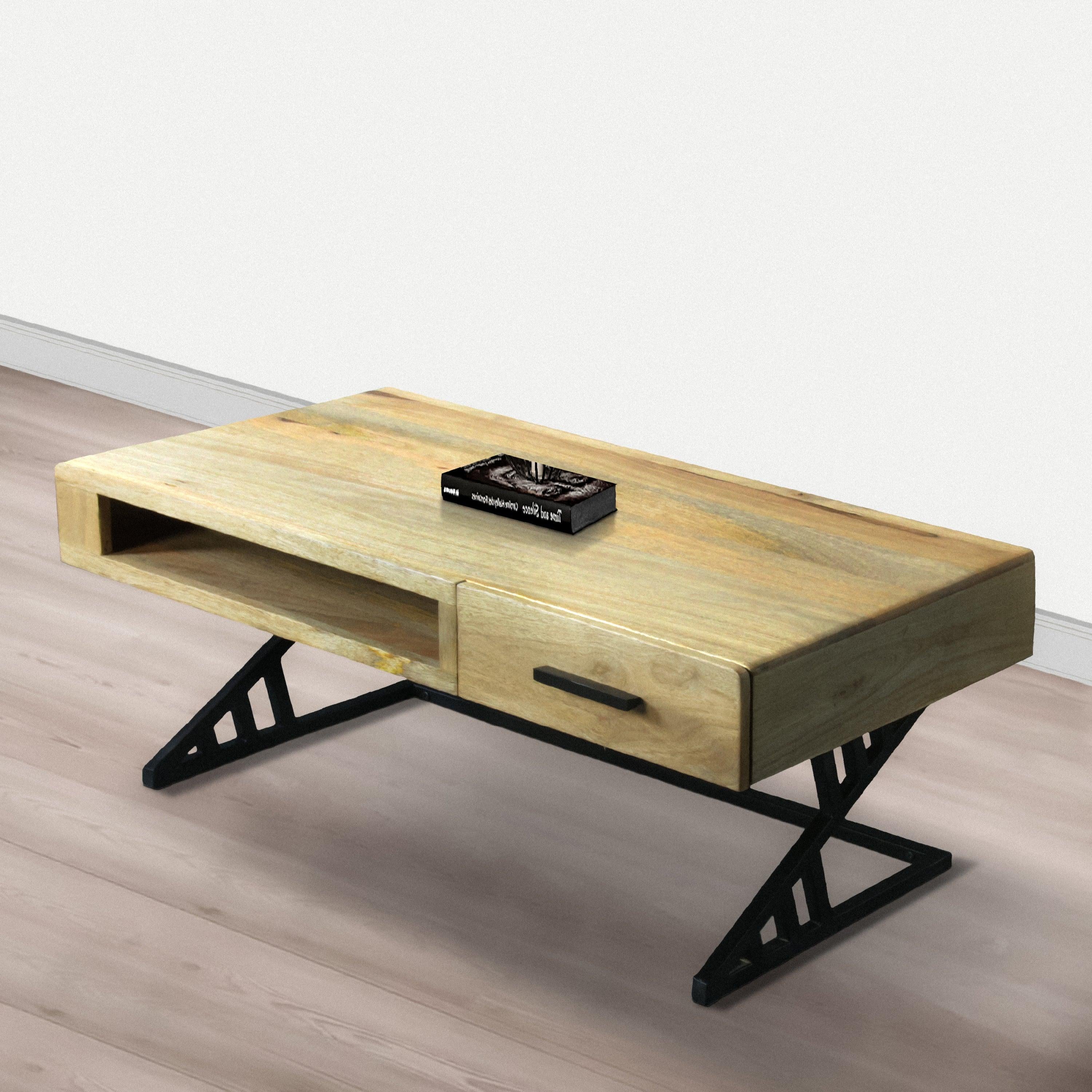 40 Inch Handcrafted Industrial ManWood Coffee Table, 1 Drawer, Metal Frame, Light Brown and Black