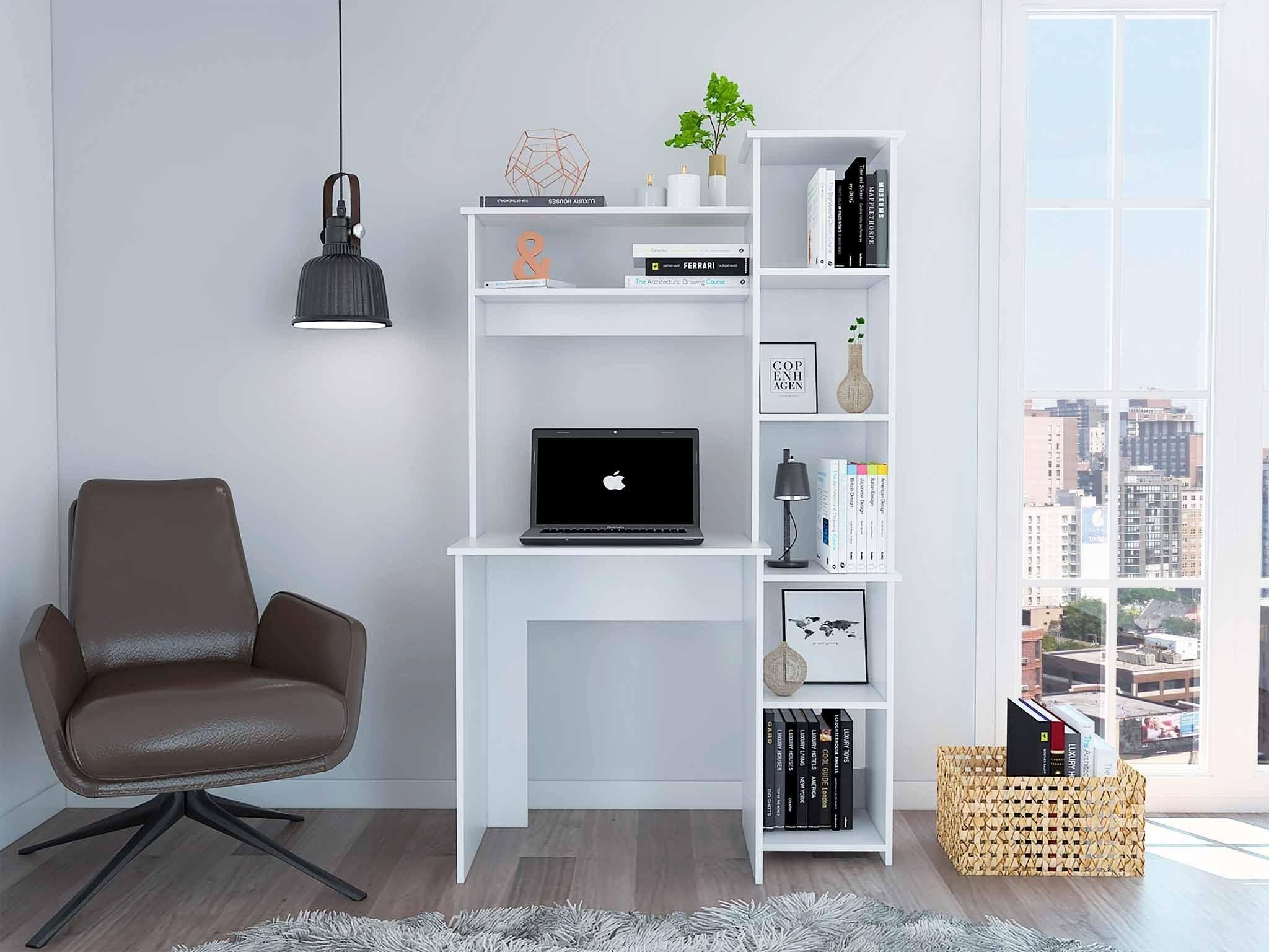 Marston 6-Shelf Writing Desk with Built-in Bookcase White image