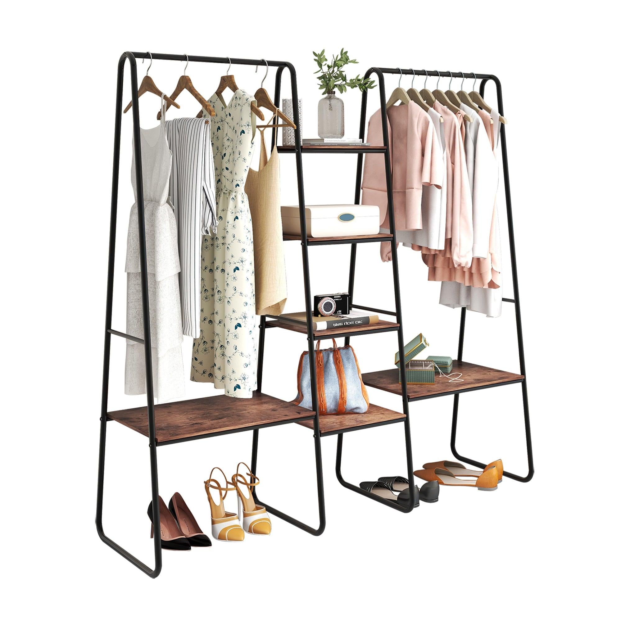 Metal Clothing Rack Garment ,Clothing Rack with 6 Shelves, 4 -Tiers Wood Shelves Heavy Duty Clothes Rack  for Hanging Clothes,Standing Coat Rack,Bedroom ClothesStorage and Organizer,Black