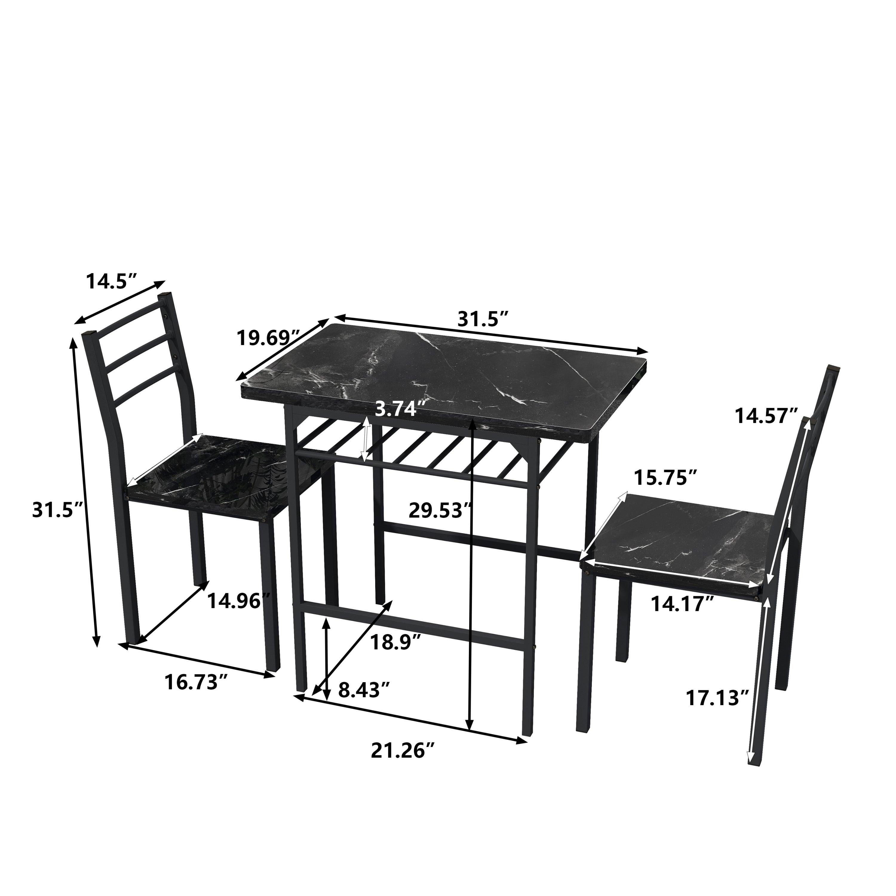 Modern 3-Piece  Dining Table Set with  2 Chairs for Dining Room，Black Frame+Printed Black Marble Finish