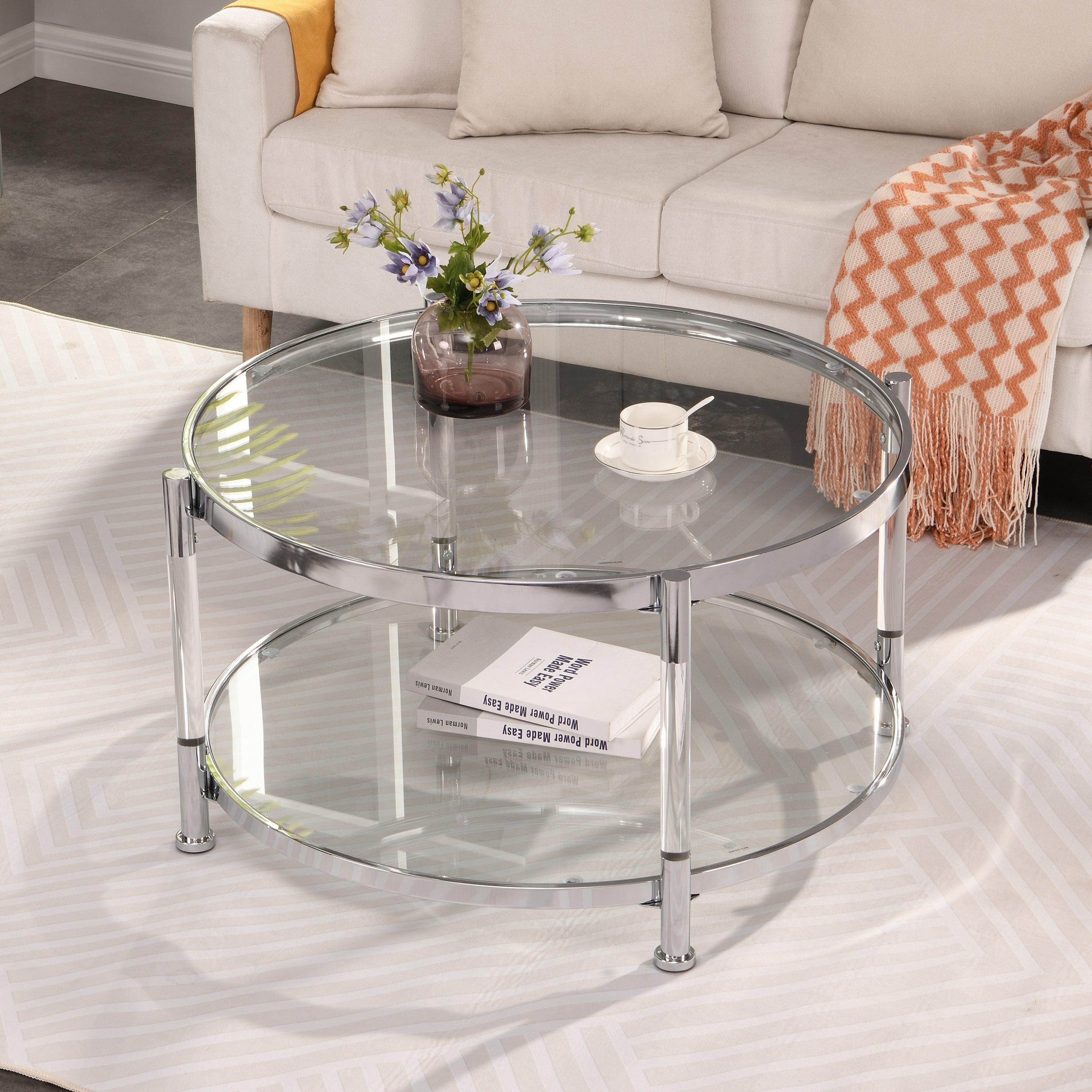 Contemporary Acrylic Coffee Table, 32.3'' Round Tempered Glass Coffee Table, Chrome/Silver  Coffee Table for Living Room