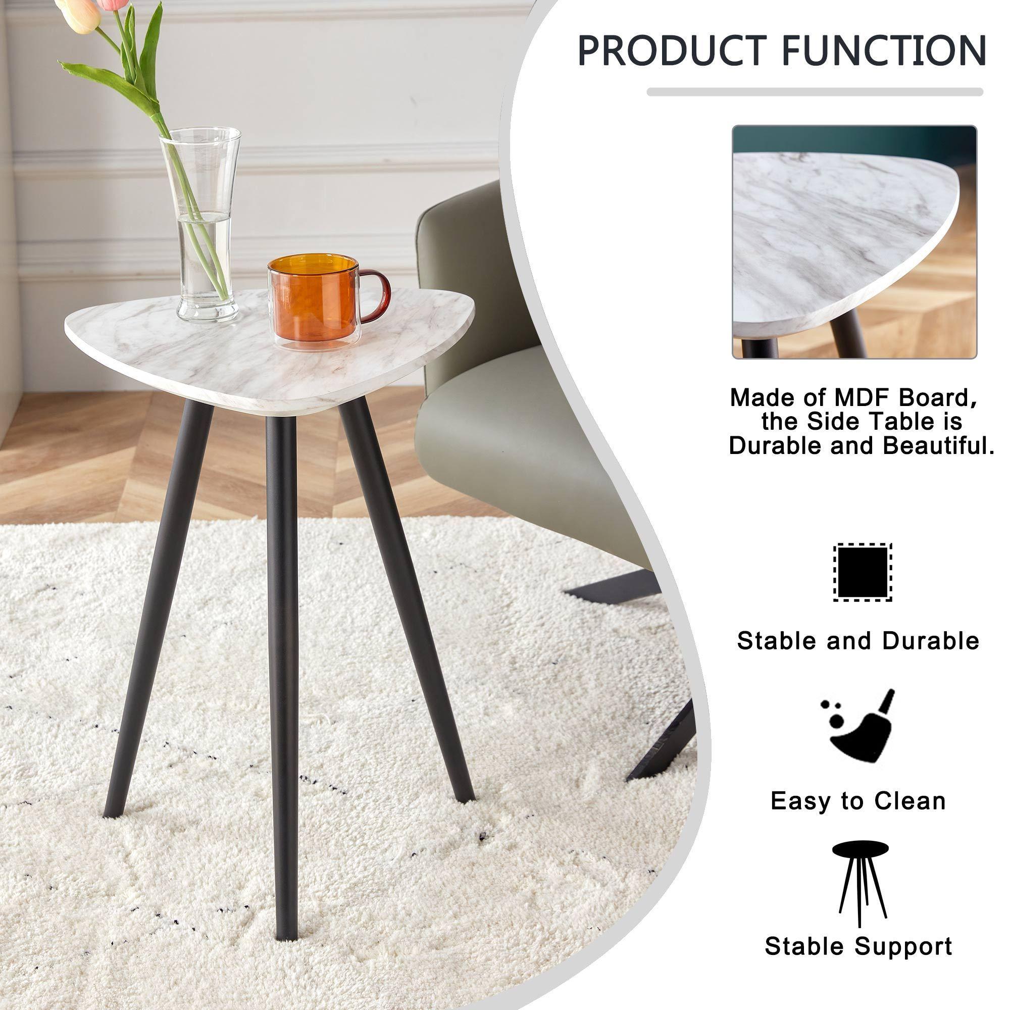 Modern Minimalism White Faux Marble End&Side Table,Small Accent Coffee Table with Dark ld Metal Legs,Triangle Nightstand for Living Room,Bedroom,Apartment Small Space ( MDF Tabletop + Metal Legs )