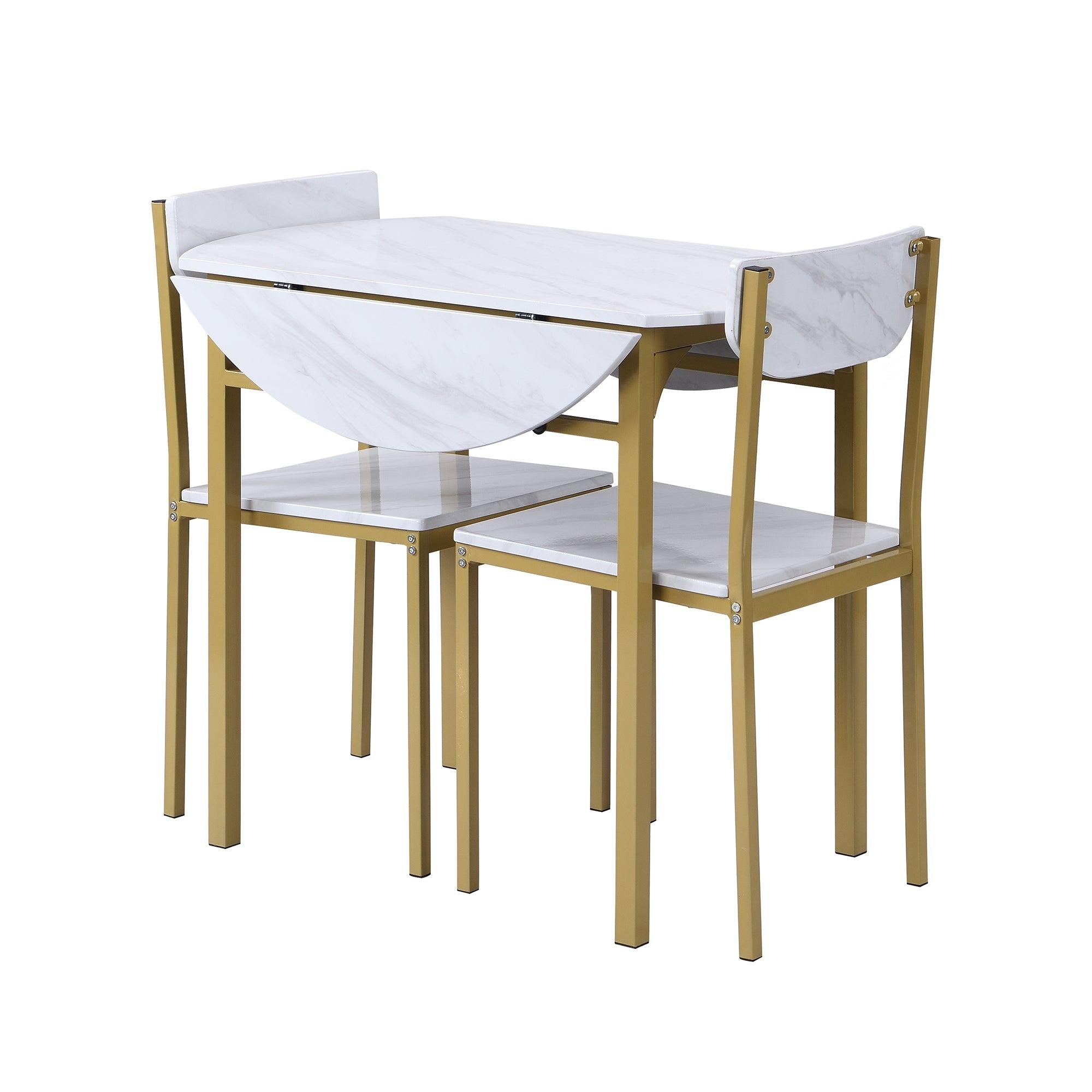 Modern 3-Piece Round Dining Table Set with Drop Leaf and 2 Chairs for Small Places,lden Frame+Faux White Granite Finish