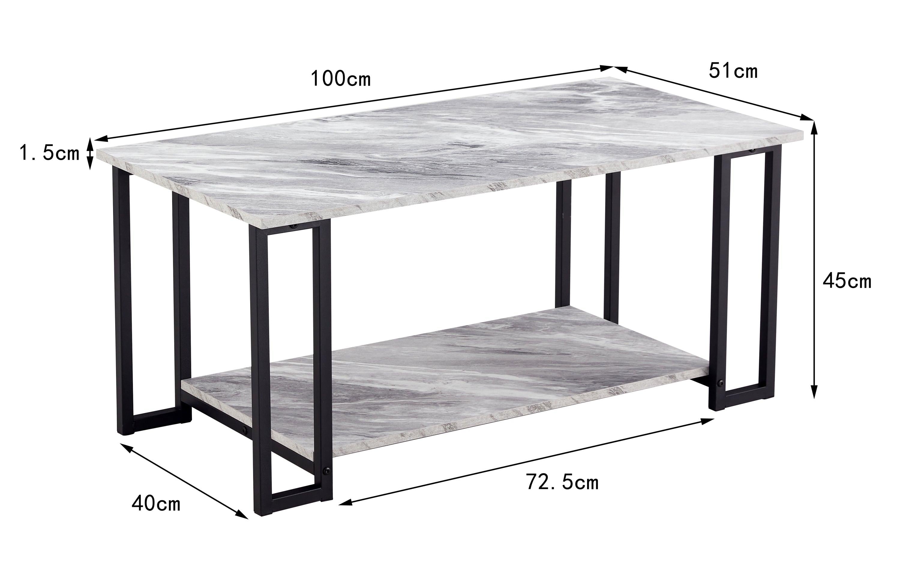 Coffee Table, 2 Layers 1.5cm Thick Marble MDF Rectangle 39.37" L Tabletop Iron Coffee Table , Dining Room,  GREY Top, BLACK Leg