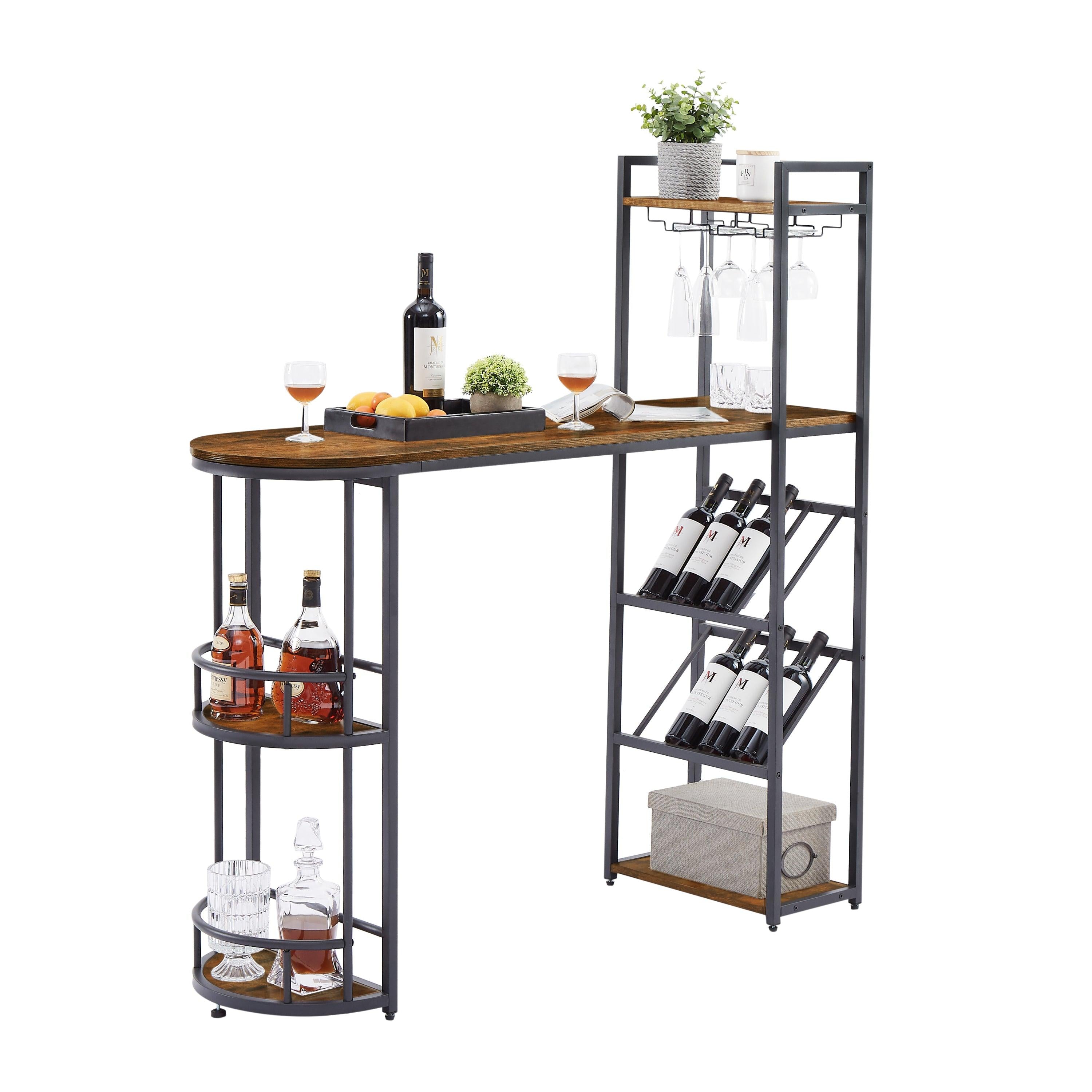 Bar table with bottle holder and glass holder, multifunctional high bar table, can hold 8 bottles of wine and 9 glasses, with sideStorage.(Rustic Brown,53.3’’w x 15.75’’d x 36.4’’h)