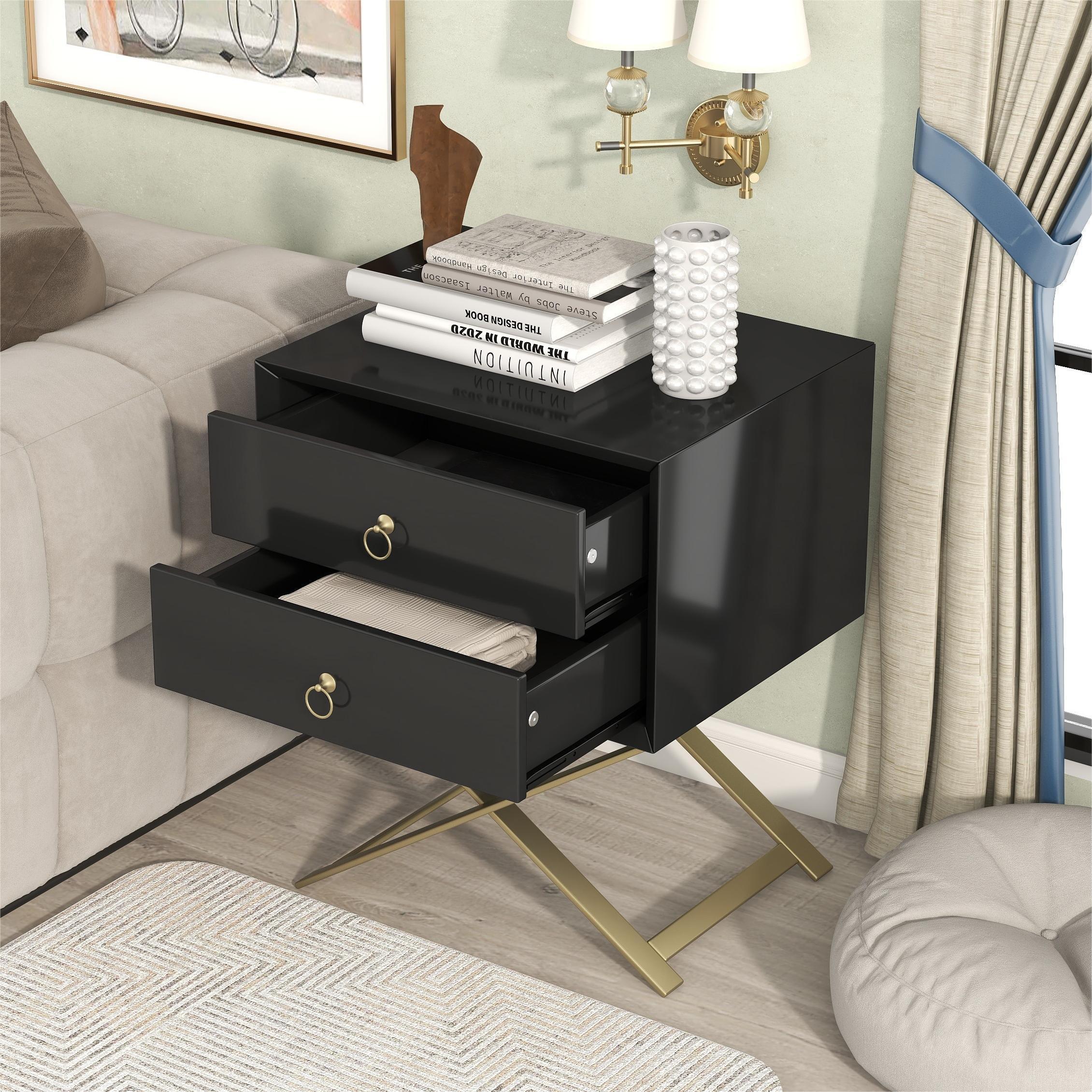 Nightstand with 2 Drawers & lden Handle，Storage Bedside Table- Black