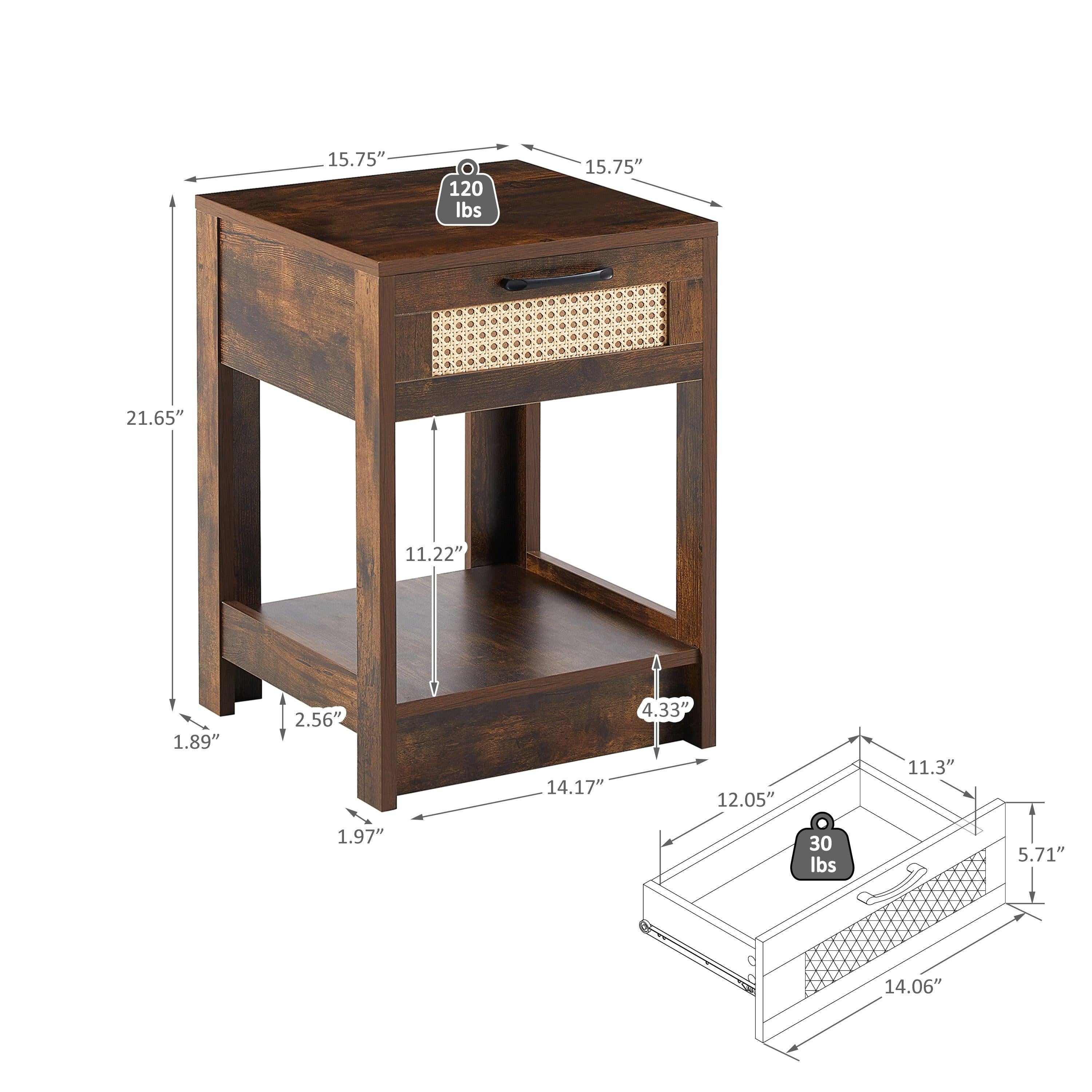 15.75" Rattan End table with  drawer,Modern nightstand, side table for living roon, bedroom,Rustic Brown