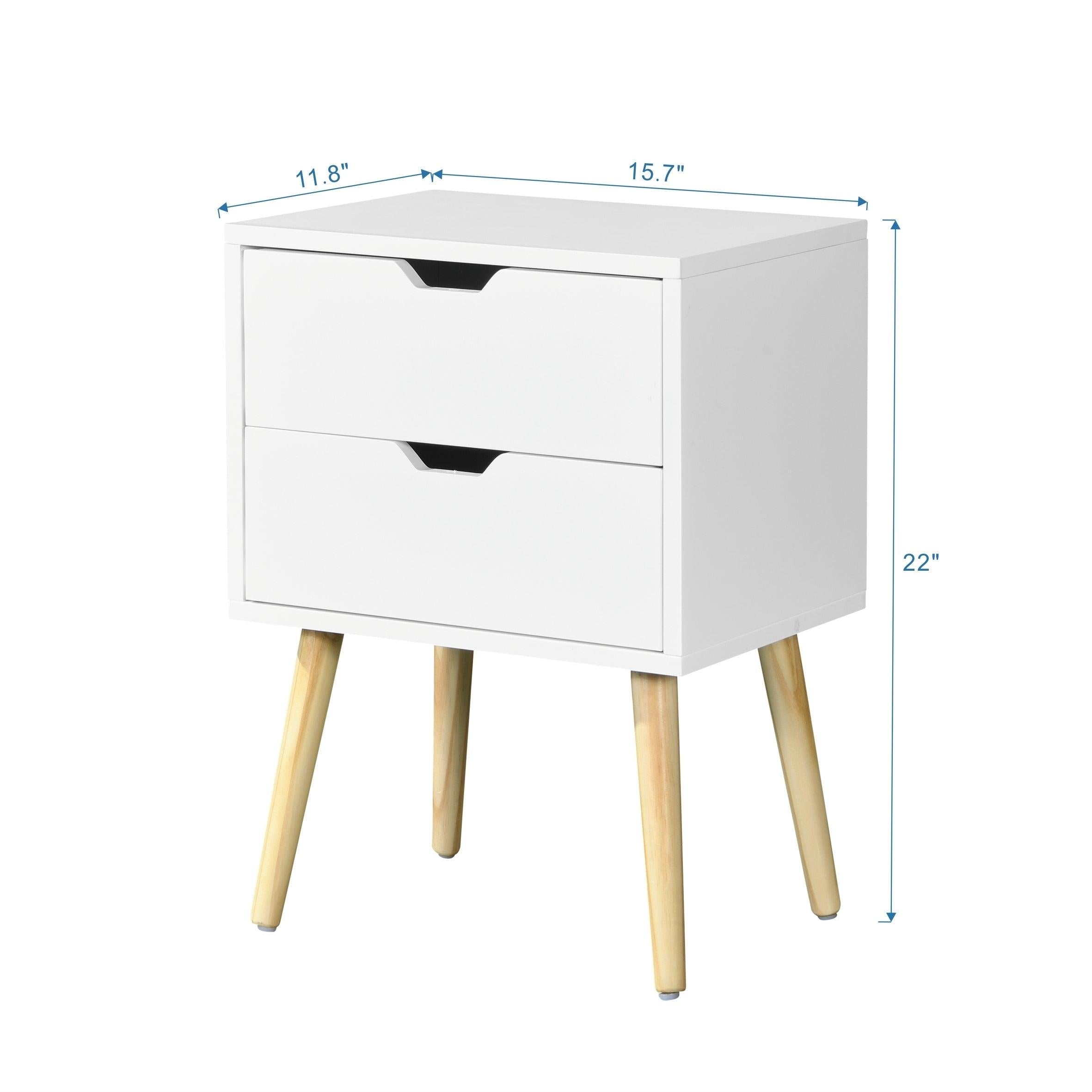 Side Table with 2 Drawer and Rubber Wood Legs, Mid-CenturyModernStorage Cabinet for Bedroom Living Room Furniture, White