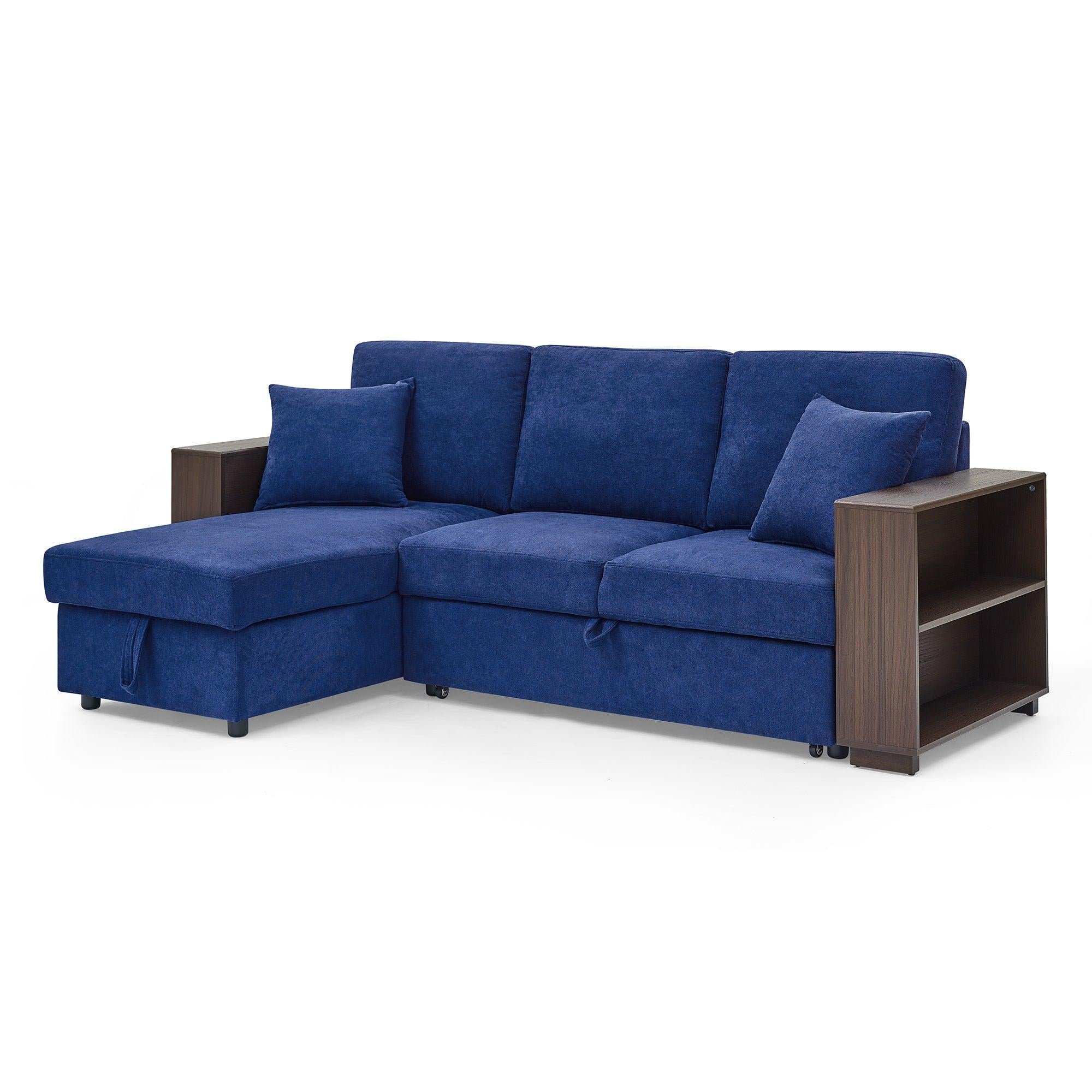 Sectional Sofa with Pulled Out Bed, 2 Seats Sofa and Reversible Chaise withStorage, MDF Shelf Armrest, Two Pillows, Navy Blue, (88" x52" x 34")