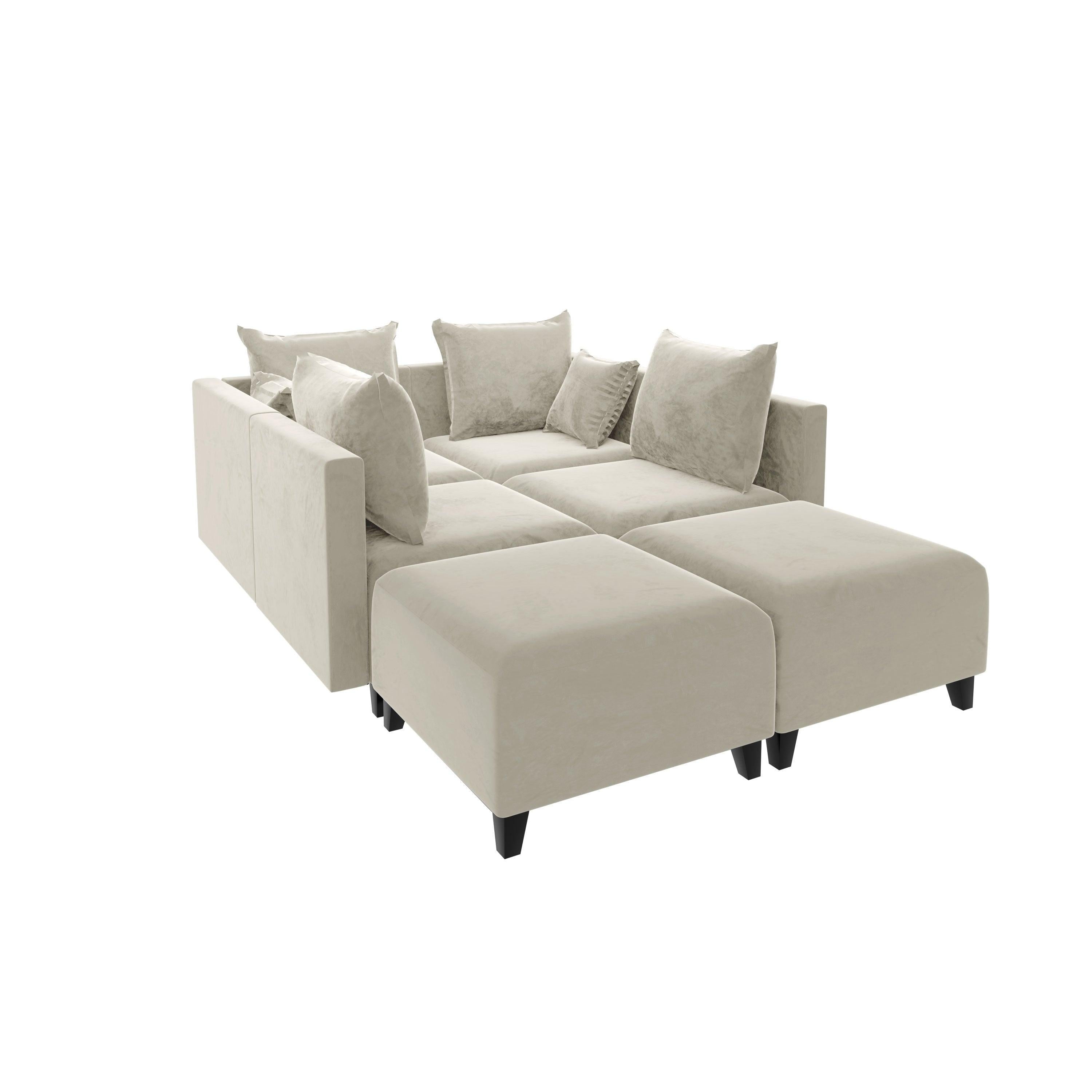 Sectional Sofa U shape Velvet Square Arm Sofa with 6 Pillows for Living Room, Beige with Black Foot