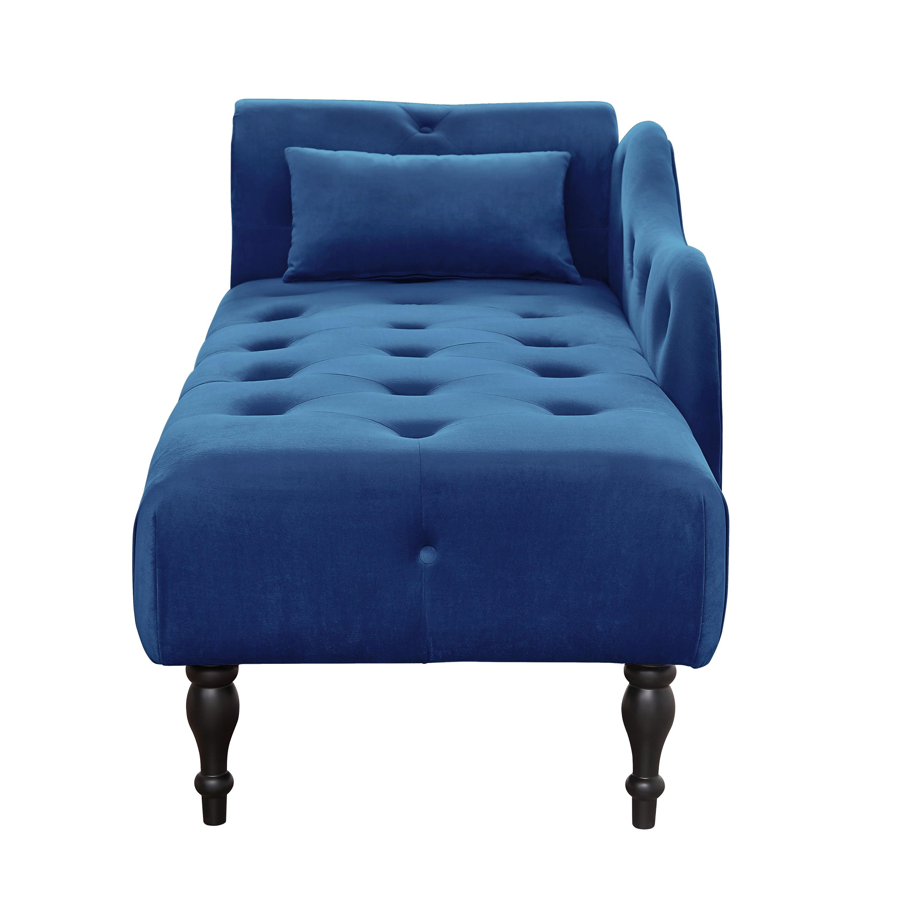 60.6" Velvet Chaise Lounge Buttons Tufted Nailhead Trimmed Solid Wood Legs with 1 Pillow,Blue