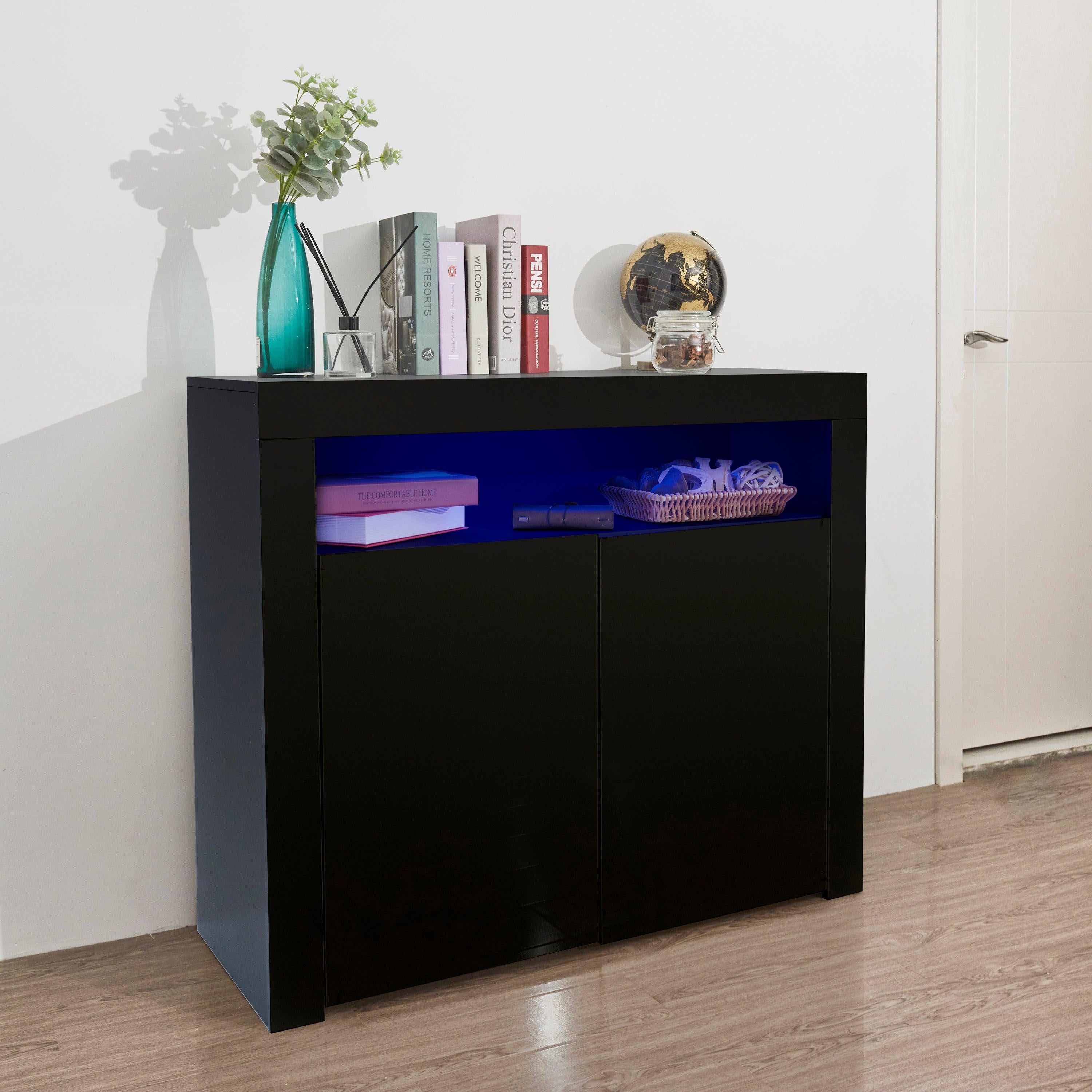 Living Room SideboardStorage Cabinet Black High Gloss with LED Light,Modern Kitchen Unit Cupboard Buffet WoodenStorage Display Cabinet TV Stand with 2 Doors for Hallway Dining Room