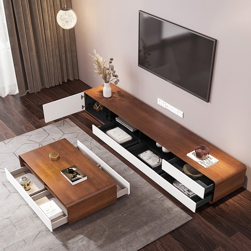 Modern Wood White TV Stand, Lowline Media Console with 4 Drawers, OpenStorage Cabinet,black dividers, Walnut Veneer, Fully-assembled,94"