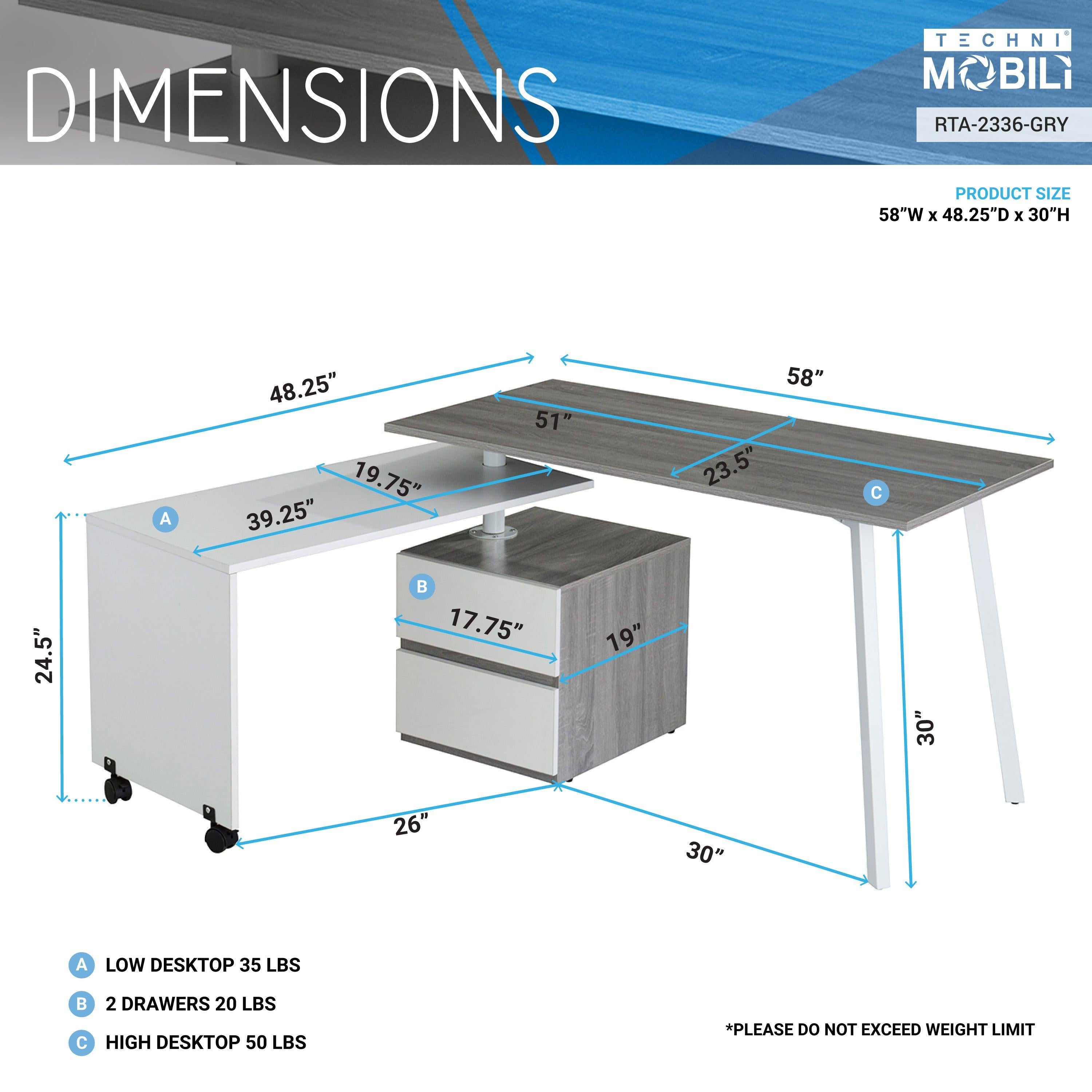 Techni Mobili Rotating Multi-PositionalModern Desk, Grey