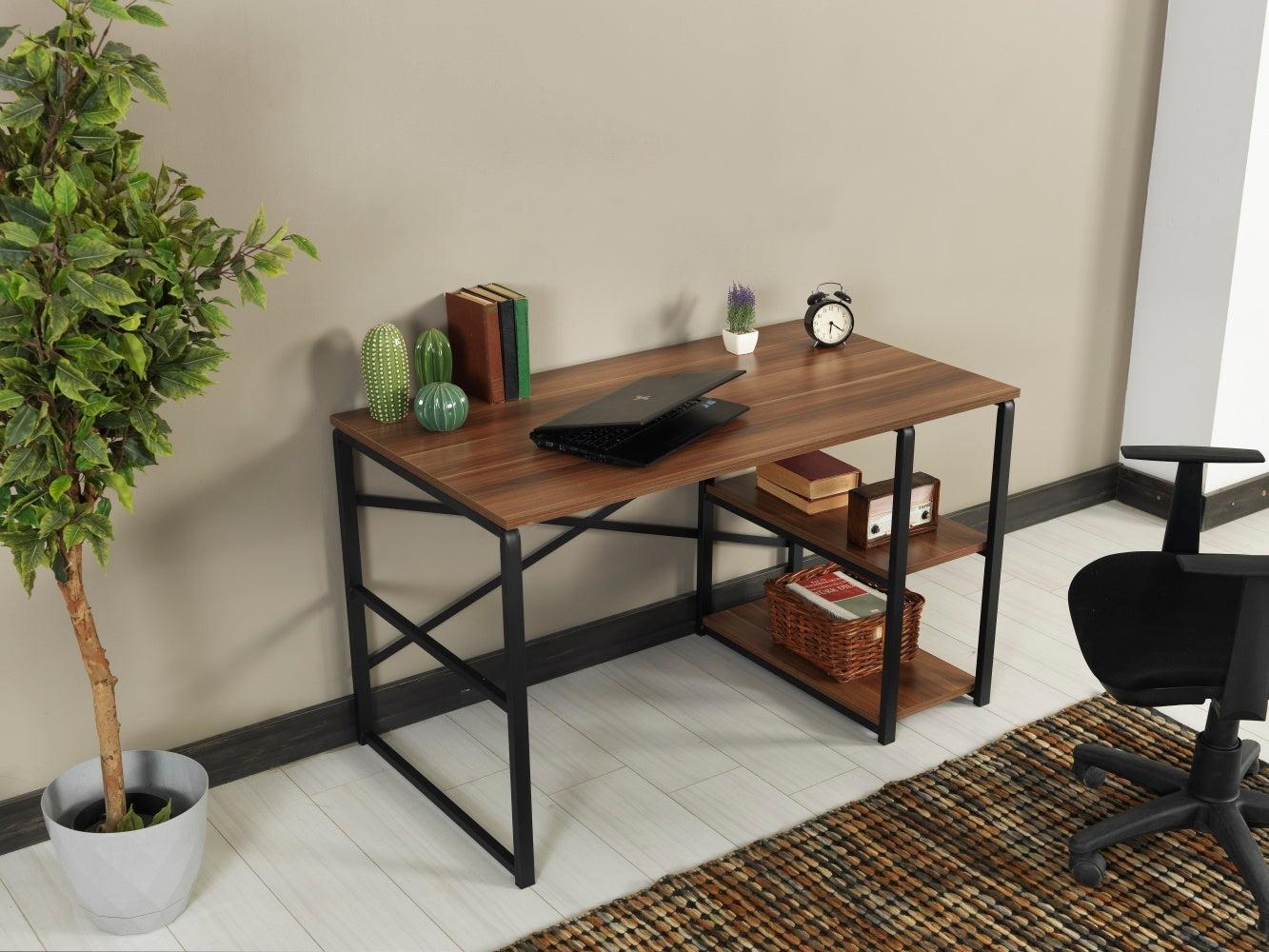 Furnish Home Store Sage Black Metal Frame 47" Wooden Top 2 Shelves Writing and Computer Desk for Home Office, Walnut