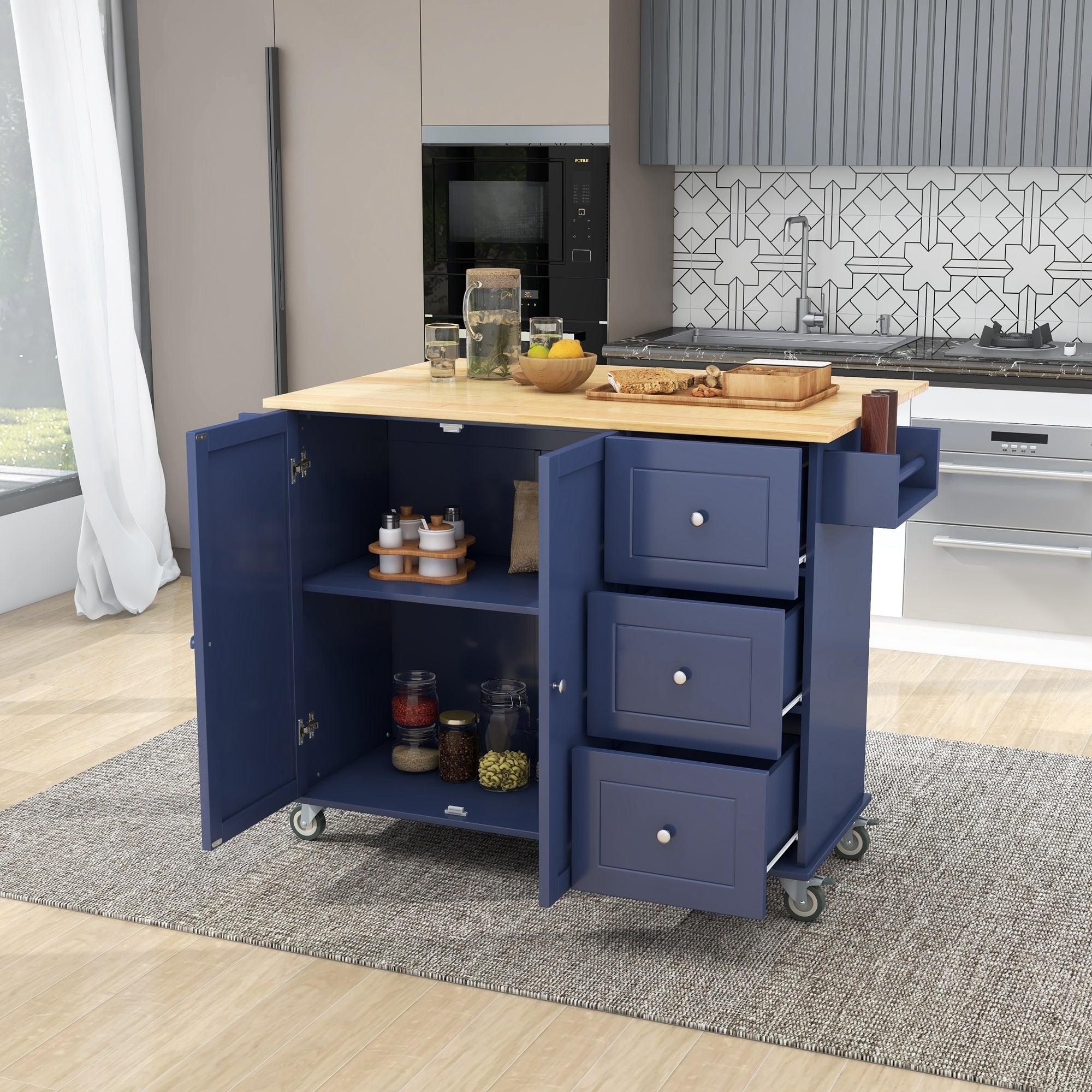 Rolling Mobile Kitchen Island with Drop Leaf - Solid Wood Top, Locking Wheels &Storage Cabinet 52.7 Inch Width（Dark blue）