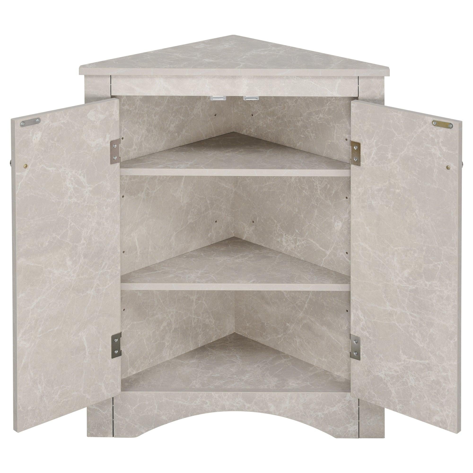 White Marble Triangle BathroomStorage Cabinet with Adjustable Shelves, Freestanding Floor Cabinet for Home Kitchen