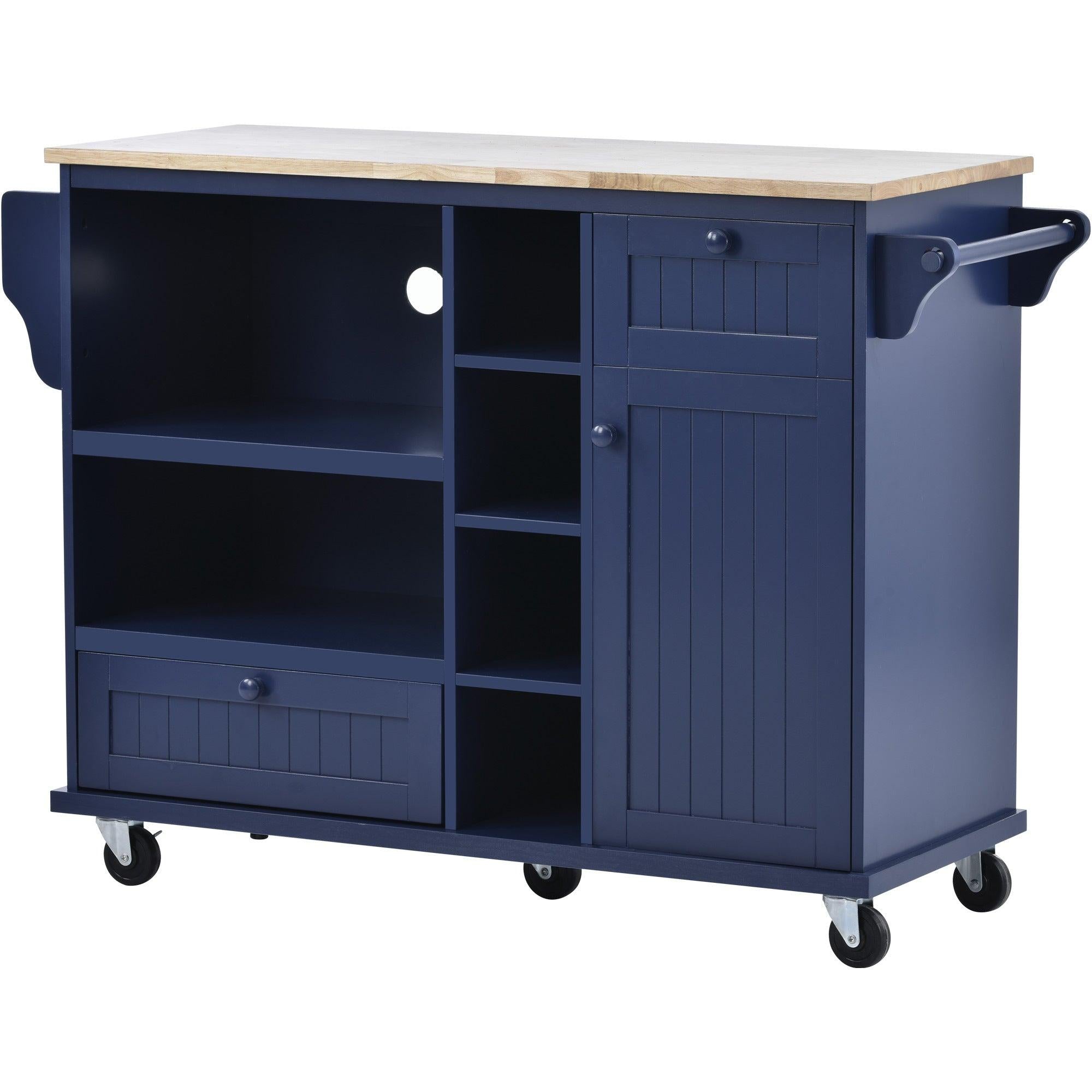 Kitchen Island Cart withStorage Cabinet and Two Locking Wheels,Solid wood desktop,Microwave cabinet,Floor Standing Buffet Server Sideboard for Kitchen Room,Dining Room,, Bathroom（Dark blue）