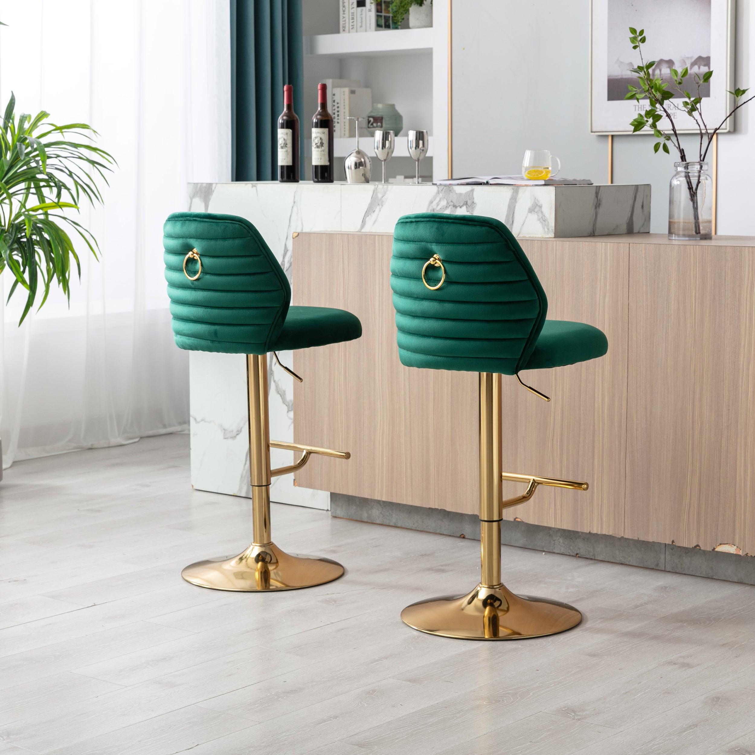 Swivel Bar Stools Chair Set of 2Modern Adjustable Counter Height Bar Stools, Velvet Upholstered Stool with Tufted High Back & Ring Pull for Kitchen , Chrome Golden Base, Green