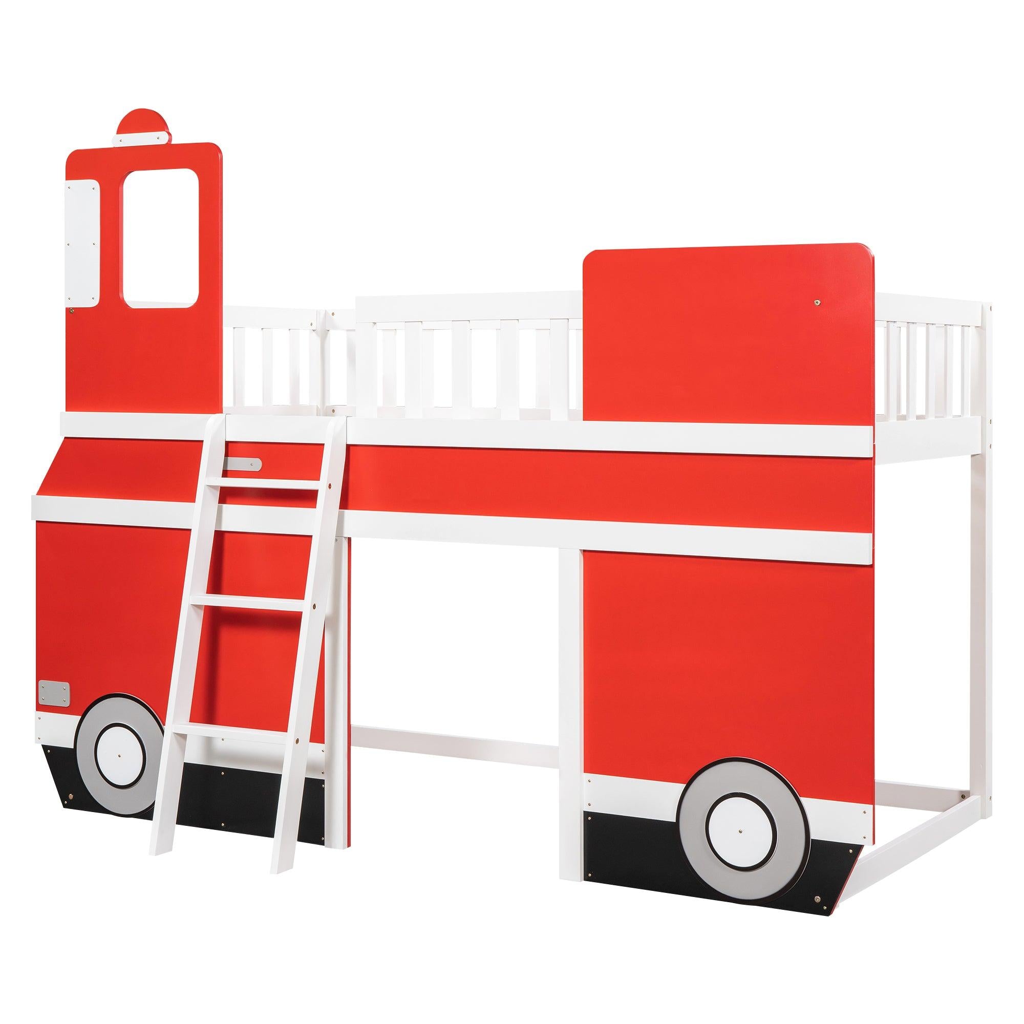 Twin Size Bus Shaped Loft Bed with UnderbedStorage Space,Red