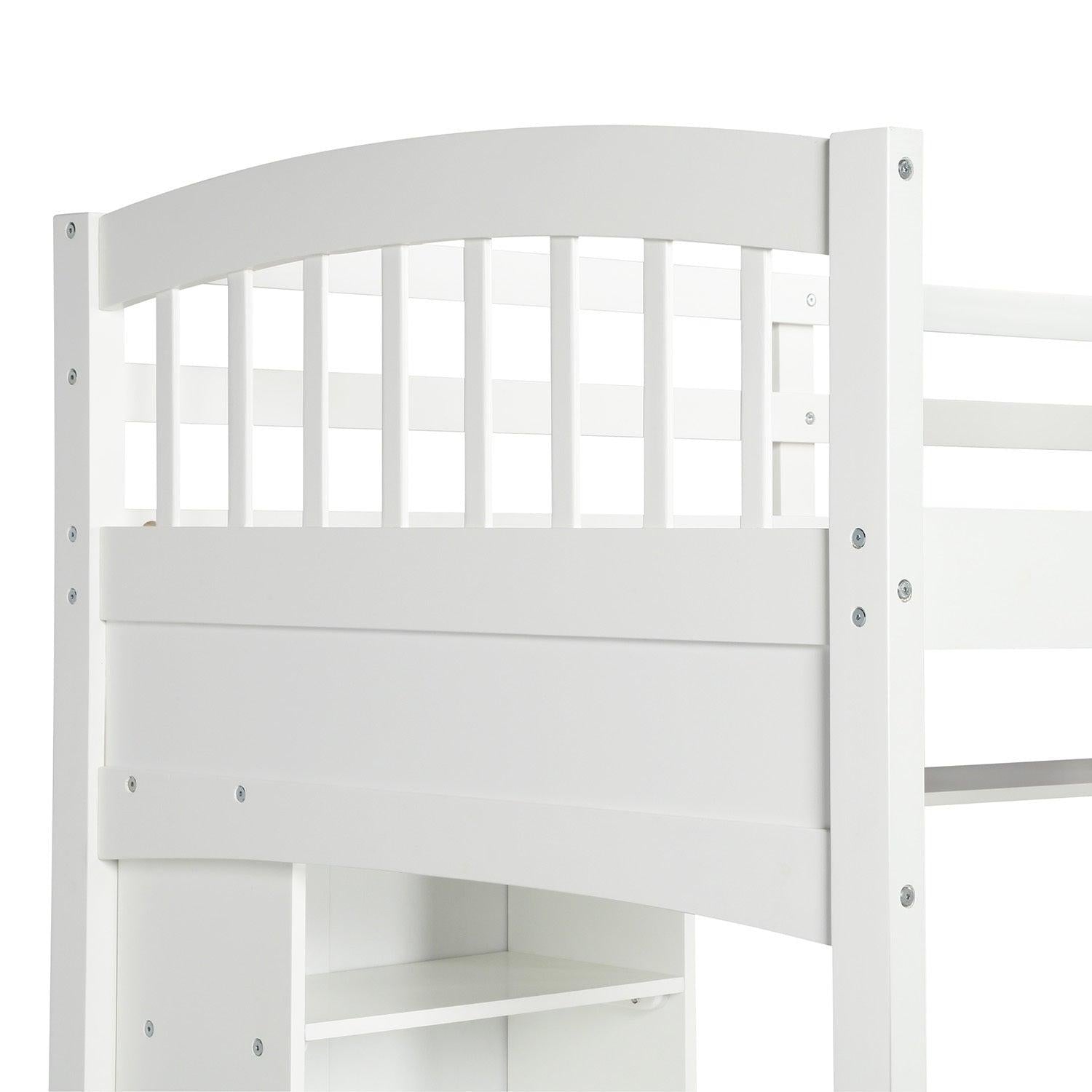 Twin size Loft Bed withStorage Shelves, Desk and Ladder, White