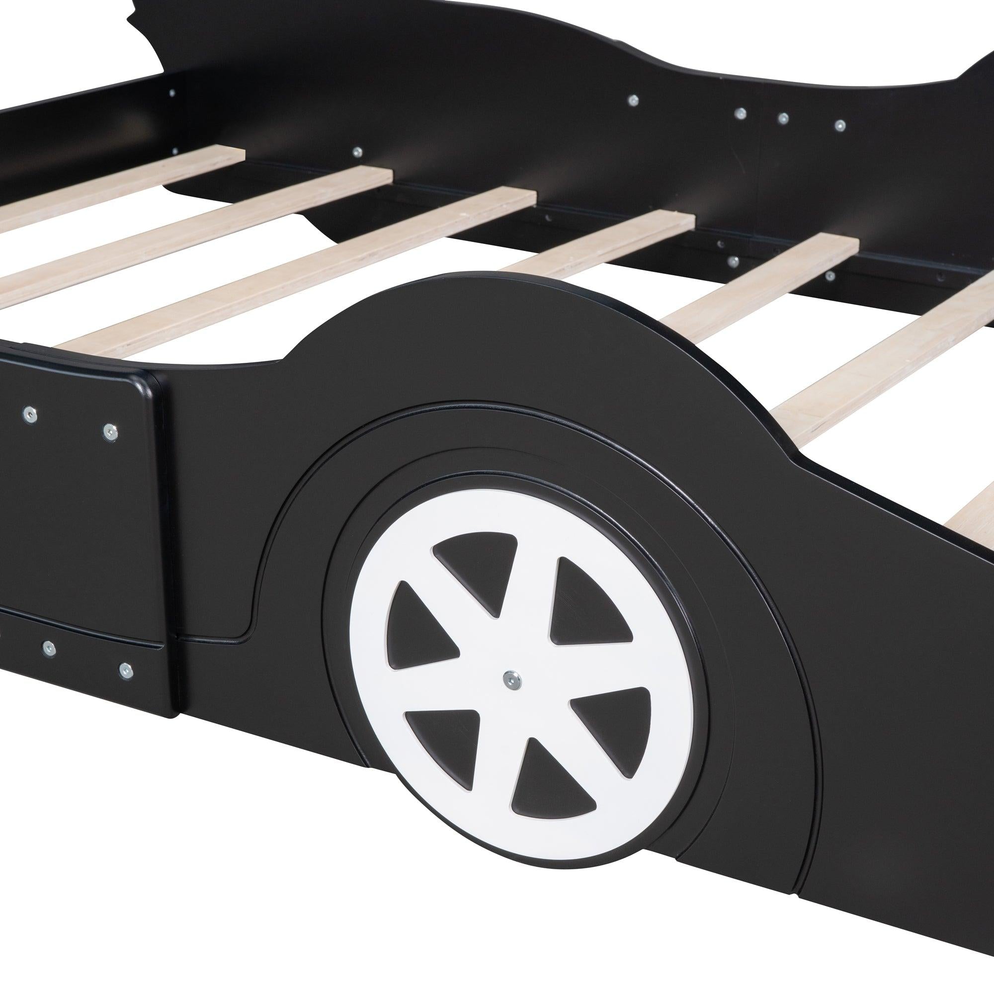 Full Size Race Car-Shaped Platform Bed with Wheels,Black