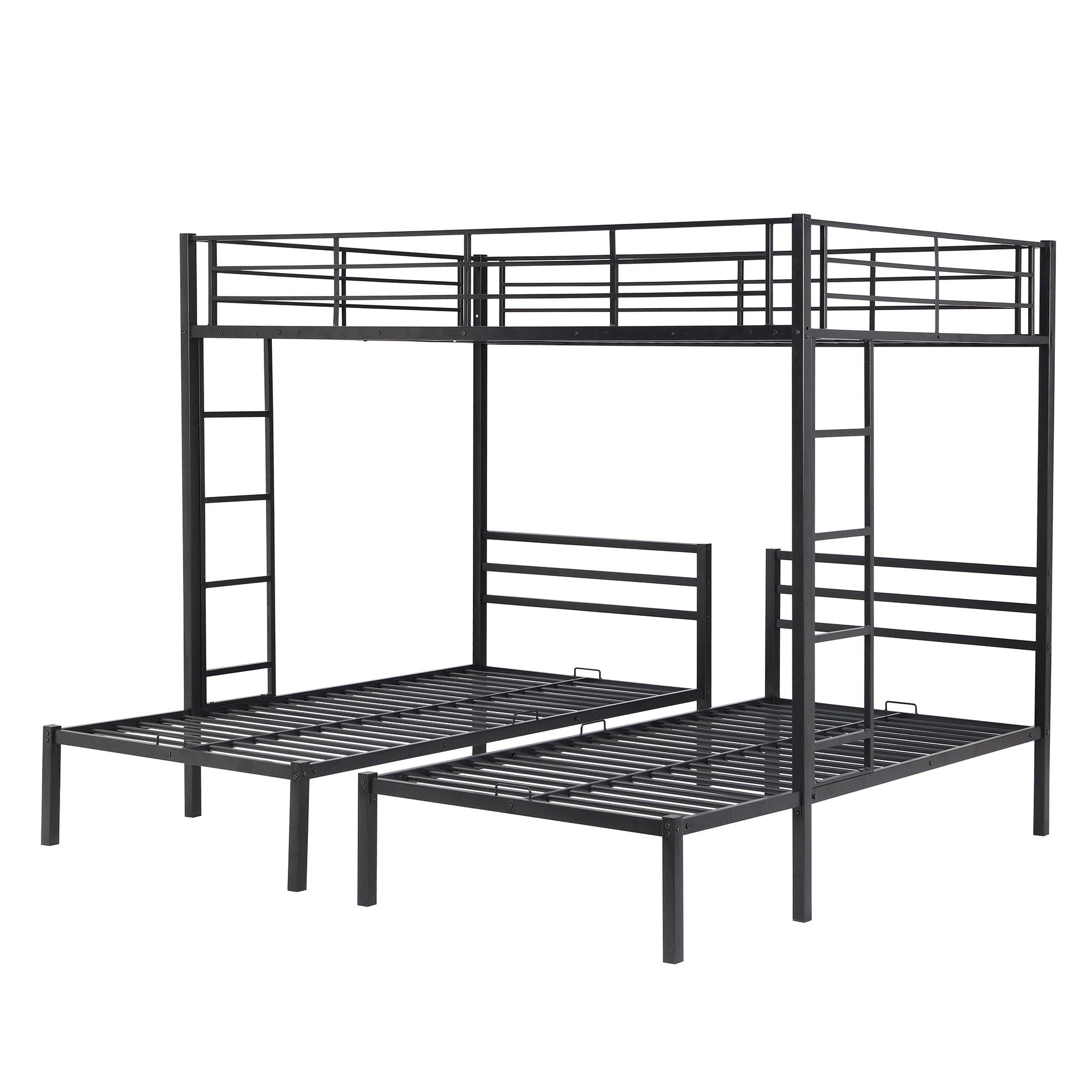 Full over Twin&Twin Size Bunk Bed with Built-in Shelf, Black