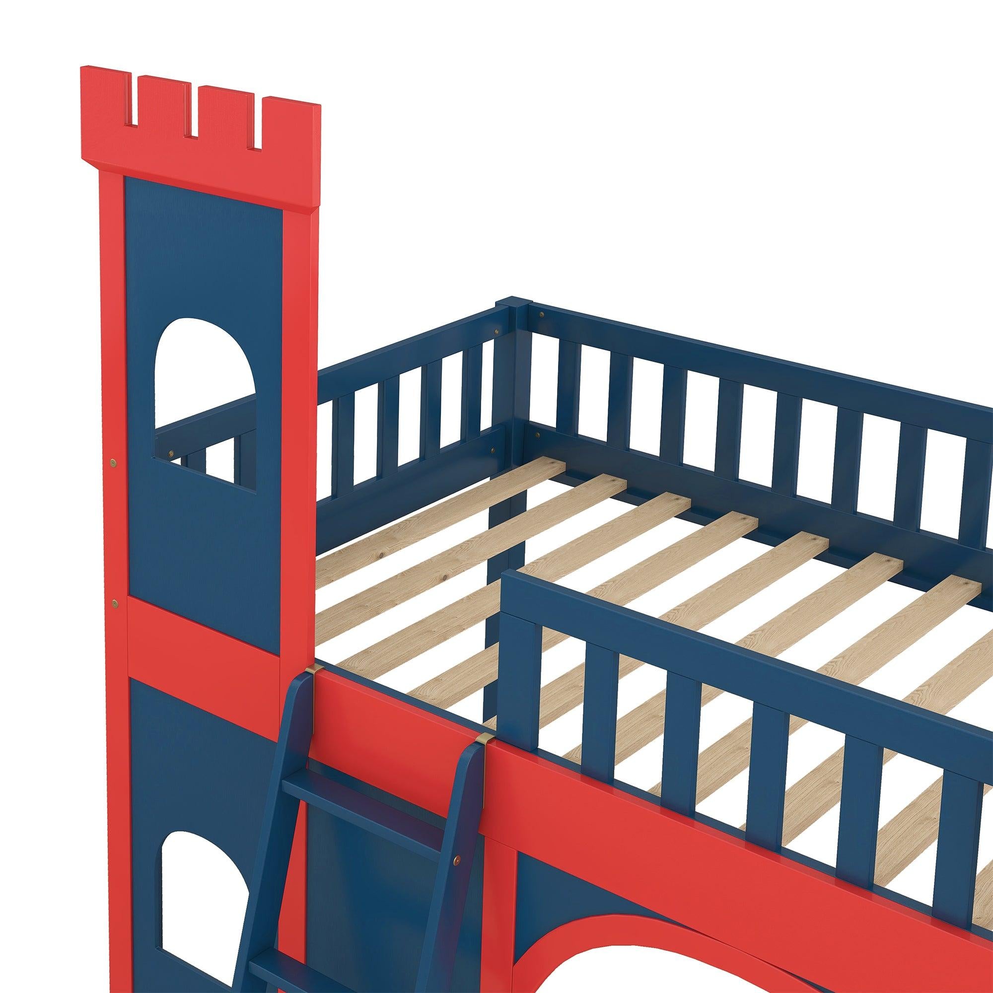 Twin Size Castle Shaped Loft Bed with UnderbedStorage Space,Red