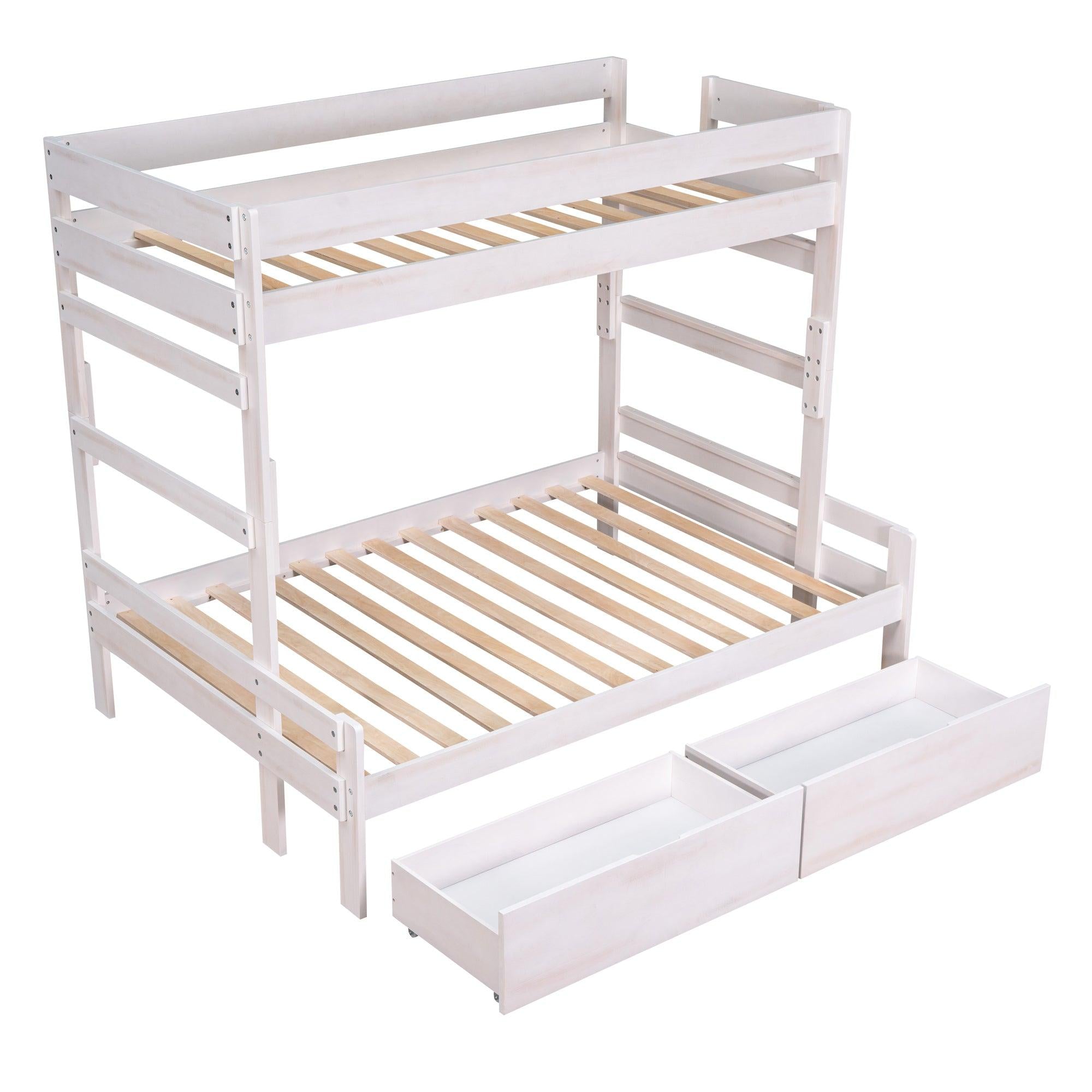 Twin over Full Wood Bunk Bed with 2 Drawers, White