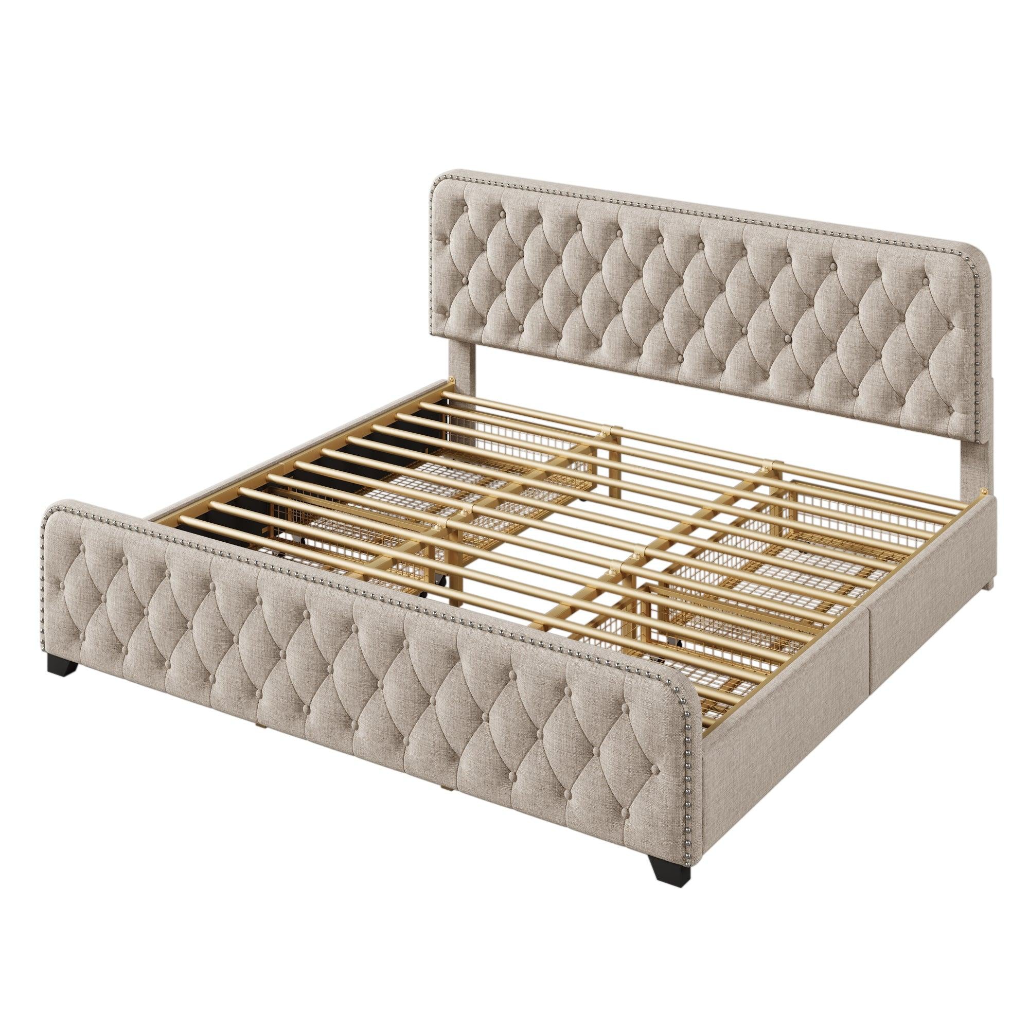 Upholstered Platform Bed Frame with Four Drawers, Button Tufted Headboard and Footboard Sturdy Metal Support, No Box Spring Required, Beige, King