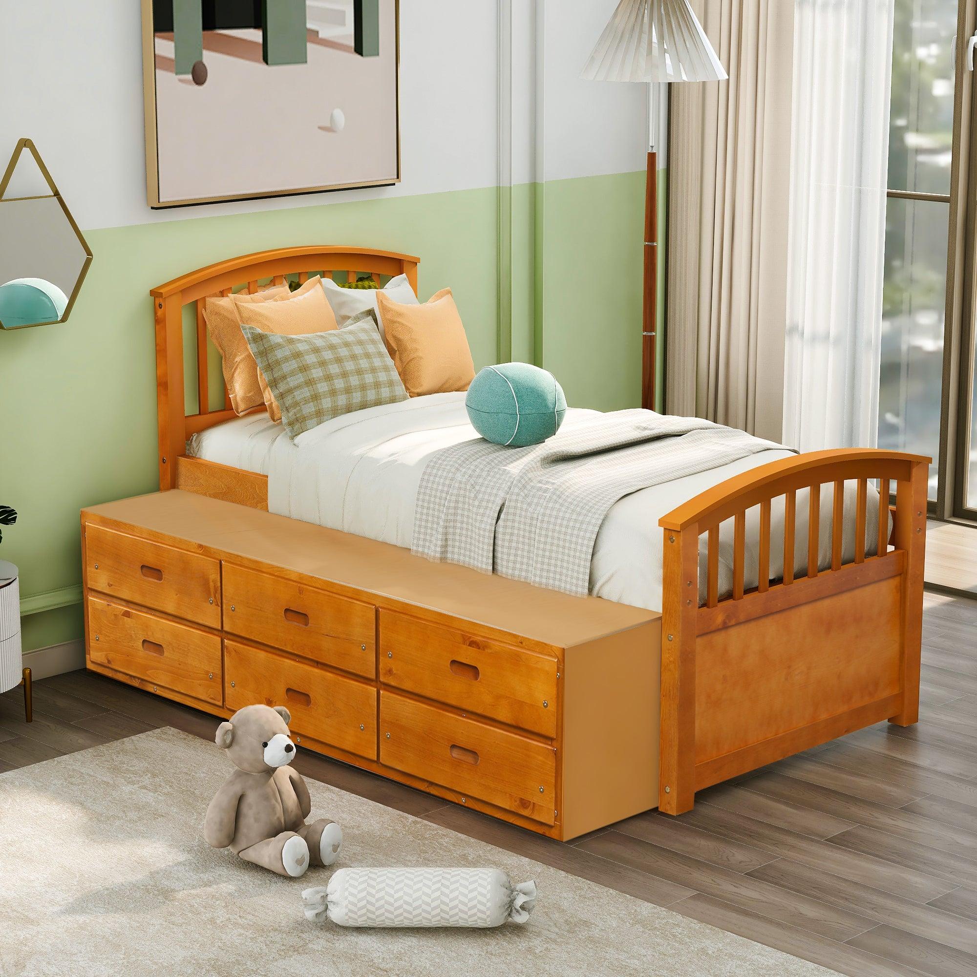 Twin Size PlatformStorage Bed Solid Wood Bed with 6 Drawers