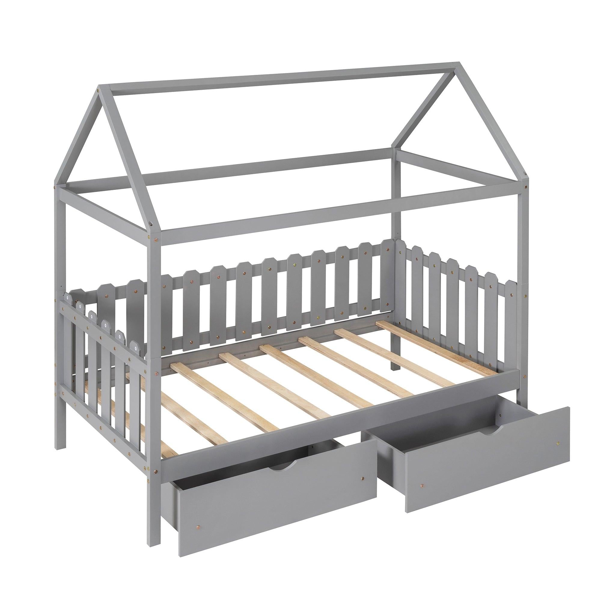 Twin Size House Bed with drawers, Fence-shaped Guardrail, Gray