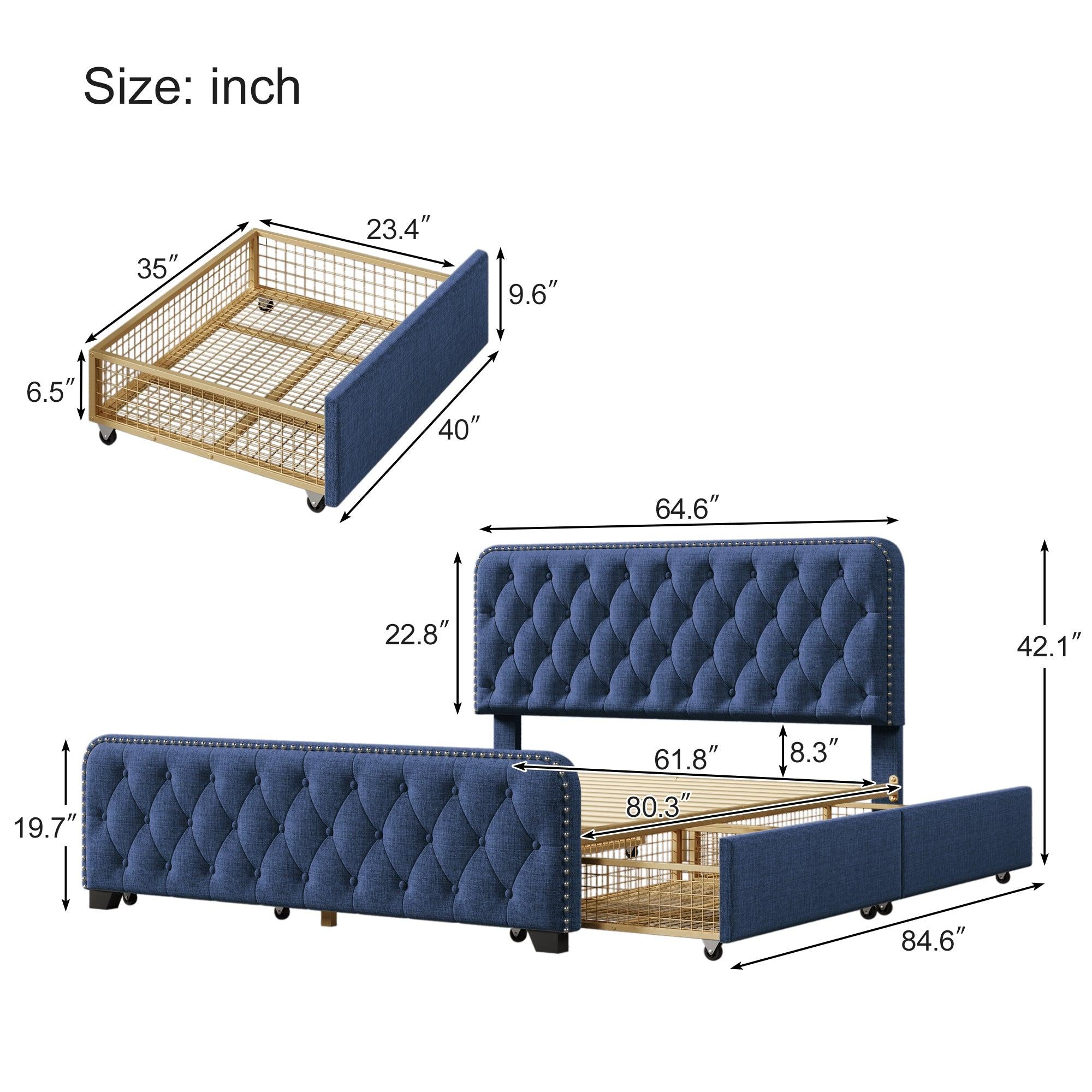 Upholstered Platform Bed Frame with Four Drawers, Button Tufted Headboard and Footboard Sturdy Metal Support, No Box Spring Required, Blue, Queen