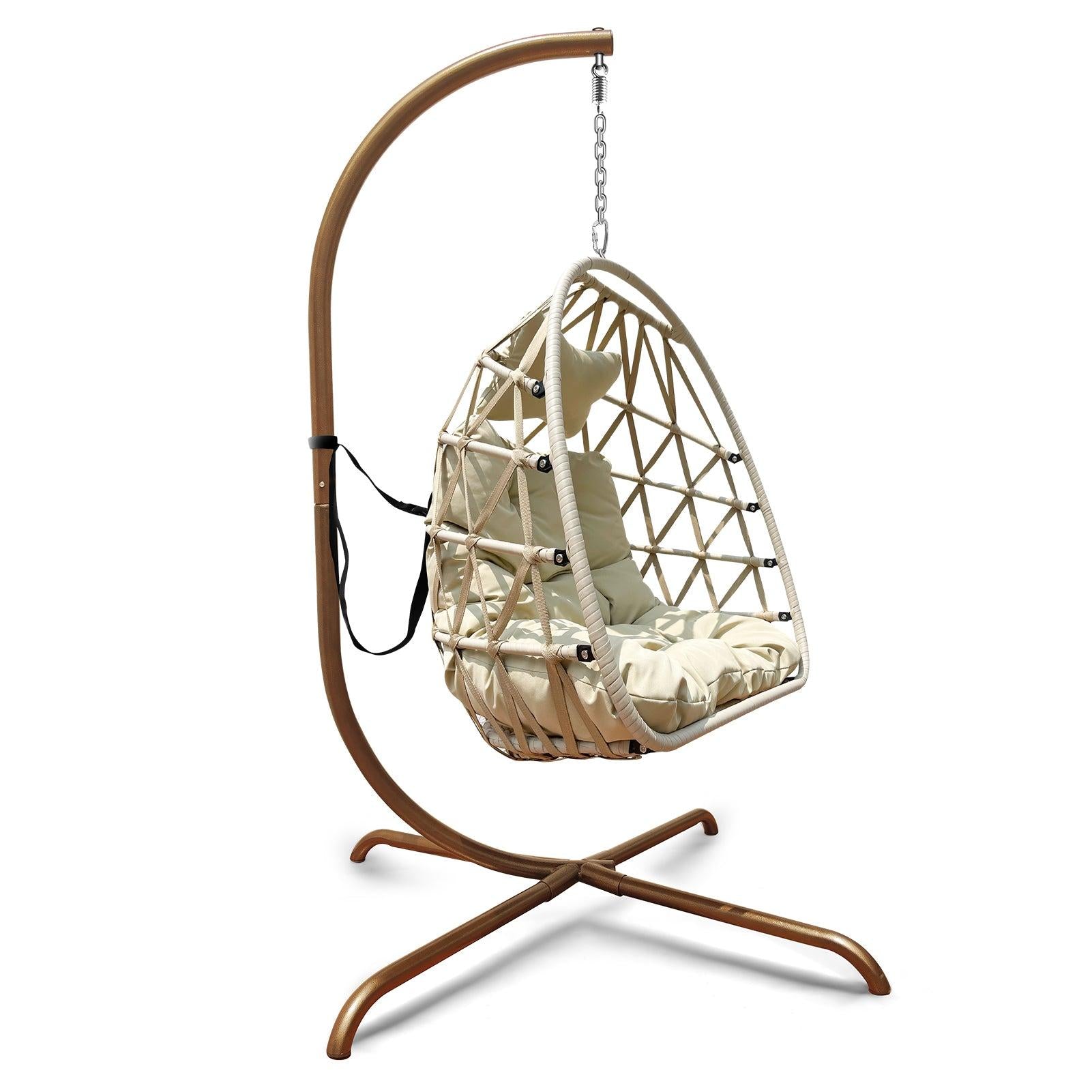 Swing Egg Chair with Stand Indoor Outdoor Wicker Rattan Patio Basket Hanging Chair with C Type bracket , with cushion and pillow,Patio Wicker folding Hanging Chair