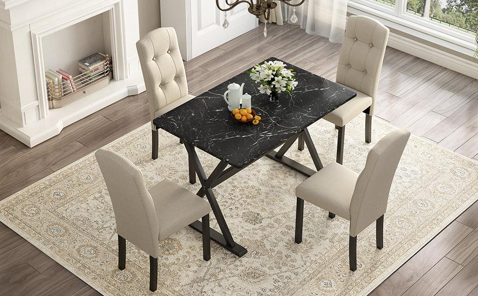 Solid Wood 5-Piece Dining Table Set with Faux Marble Tabletop and Upholstered Dining Chairs for 4, Faux Marble Black+Beige