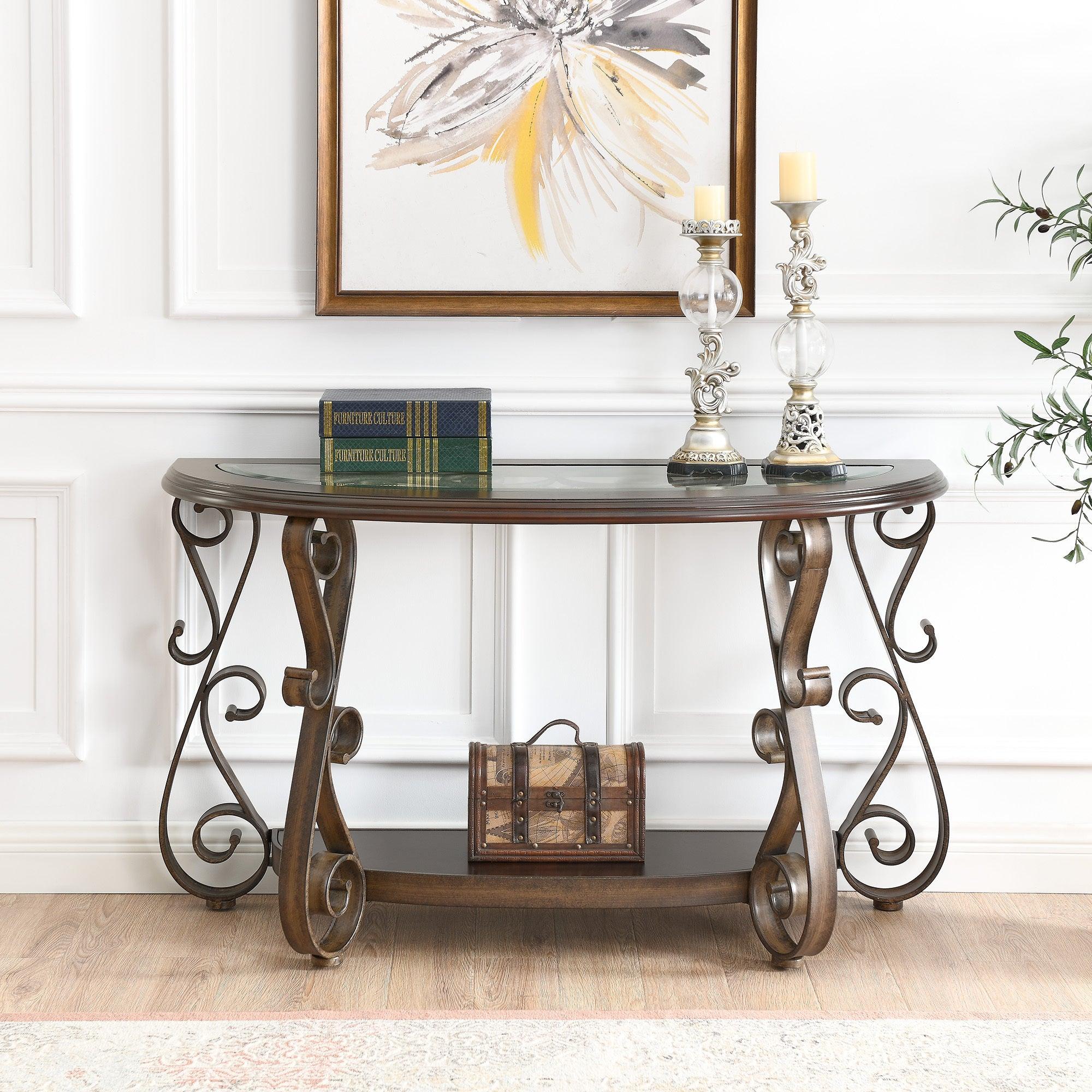 Console Table with Glass Table Top and Powder Coat Finish Metal Legs，Dark Brown （25.5"X25.5"X23.5")