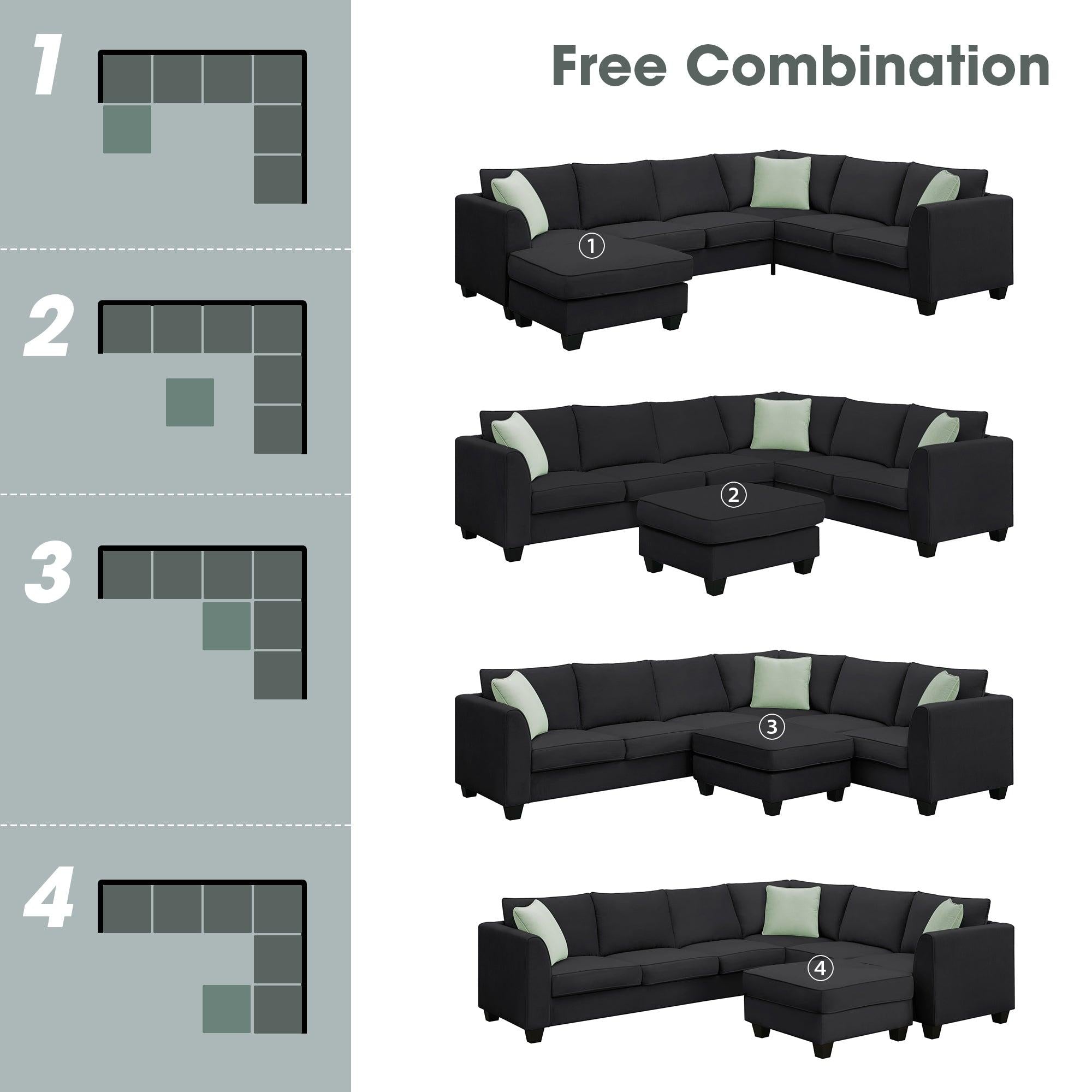 112*87" Sectional Sofa Couches Living Room Sets 7 Seats Modular Sectional Sofa with Ottoman L Shape Fabric Sofa Corner Couch Set with 3 Pillows, Black