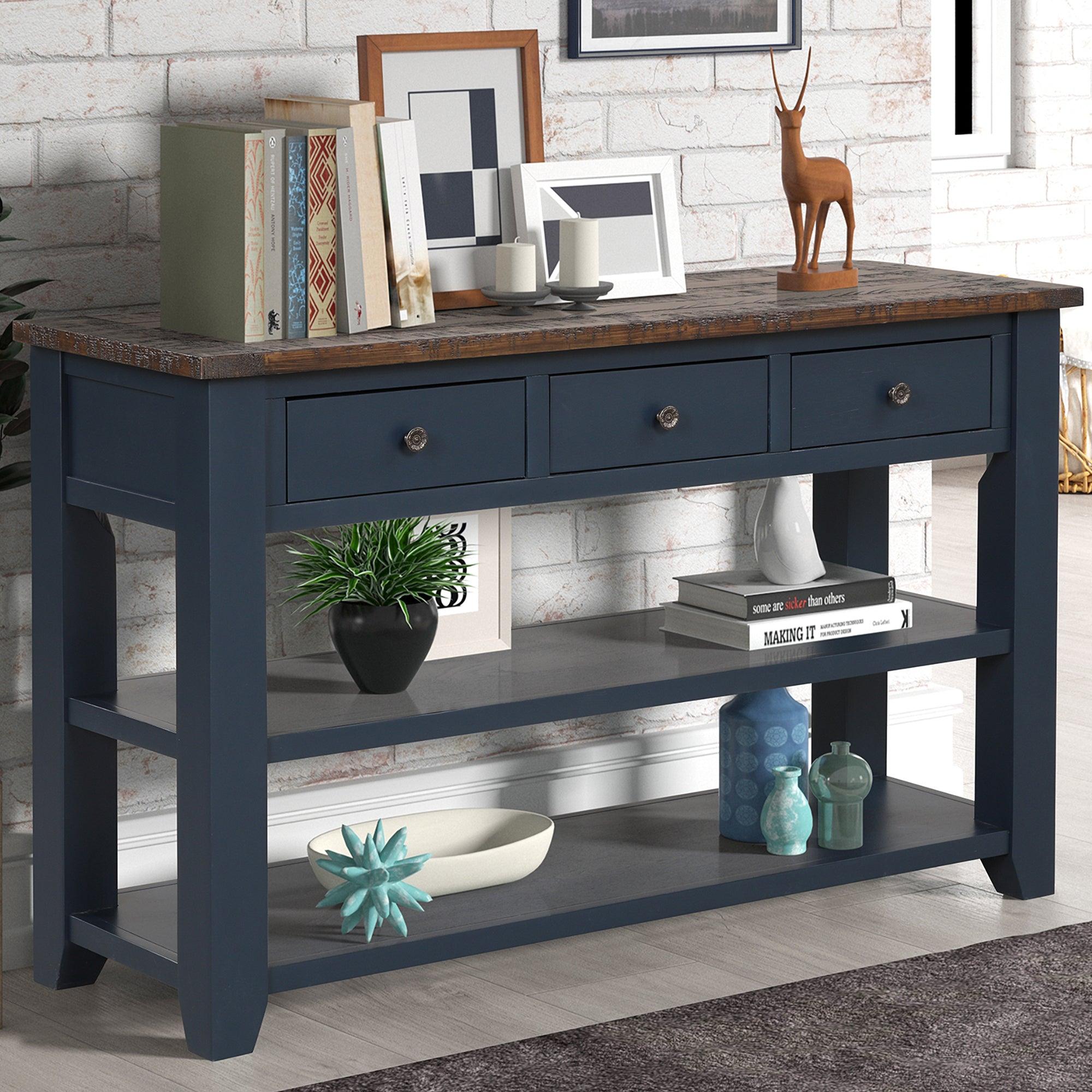 48'' Solid Pine Wood Top Console Table,Modern Entryway Sofa Side Table with 3Storage Drawers and 2 Shelves. Easy to Assemble (Blue)