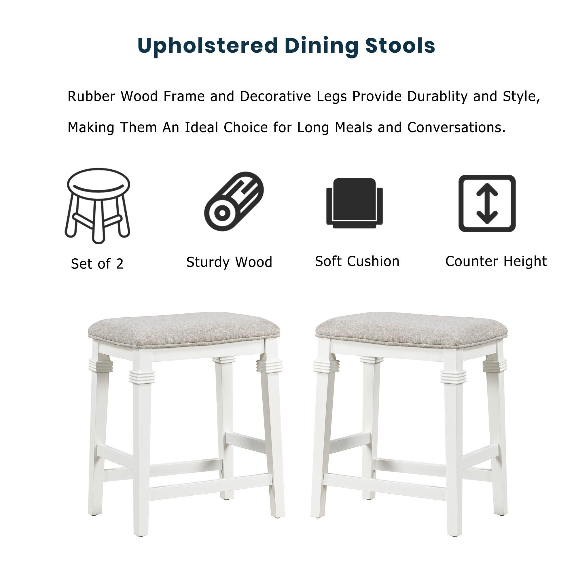 Farmhouse 3-piece 45" Stationary Rubber Wood Kitchen Island Set with 2 Seatings, Butcher Block Dining Table Set Prep Table Set with 2 Shelves and 3 Drawers for Small Places,White