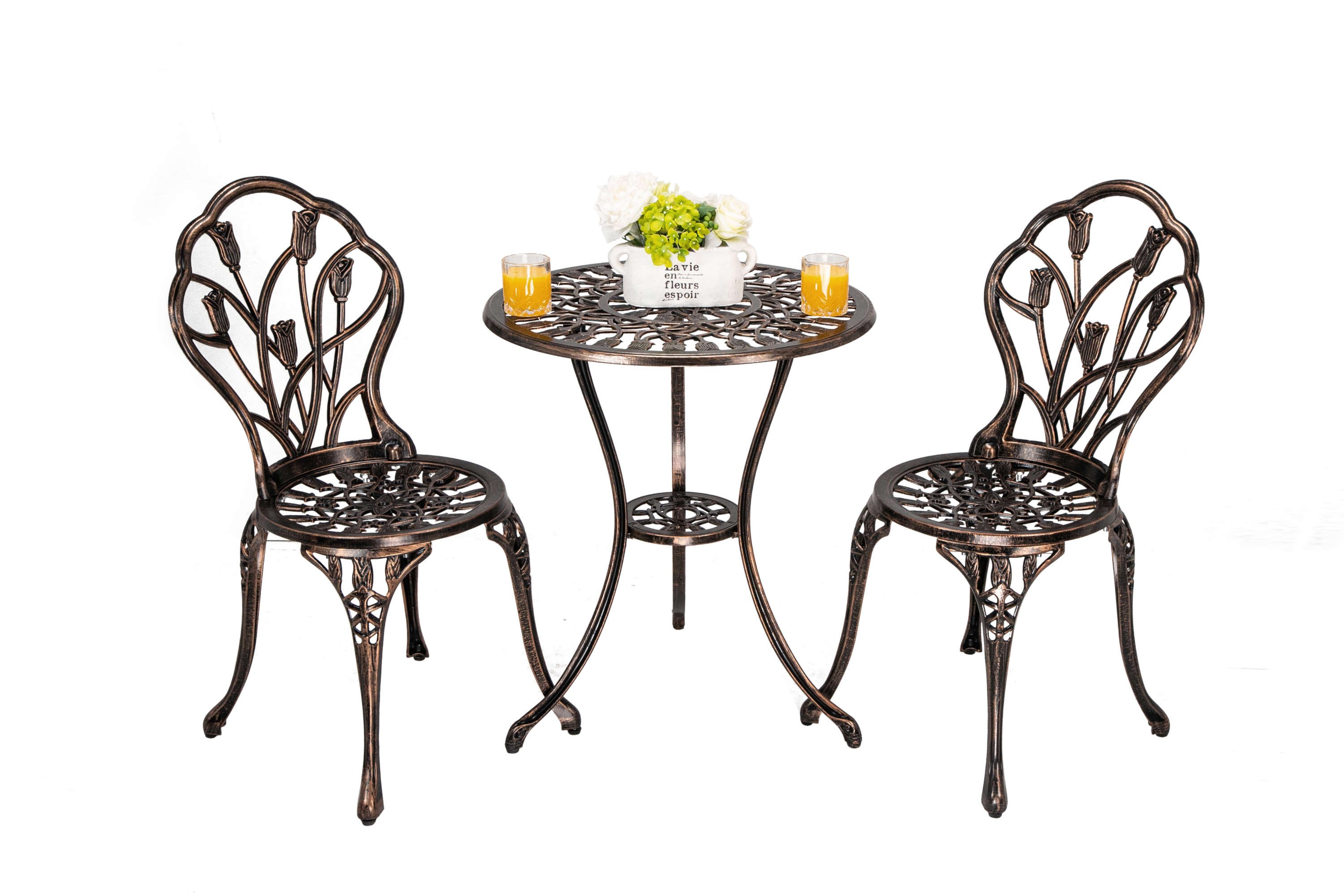 Bistro Table Set, Outdoor Patio Set 3 Piece Table and Chairs, Tulip Carving and Weather Resistant-Antique Bronze