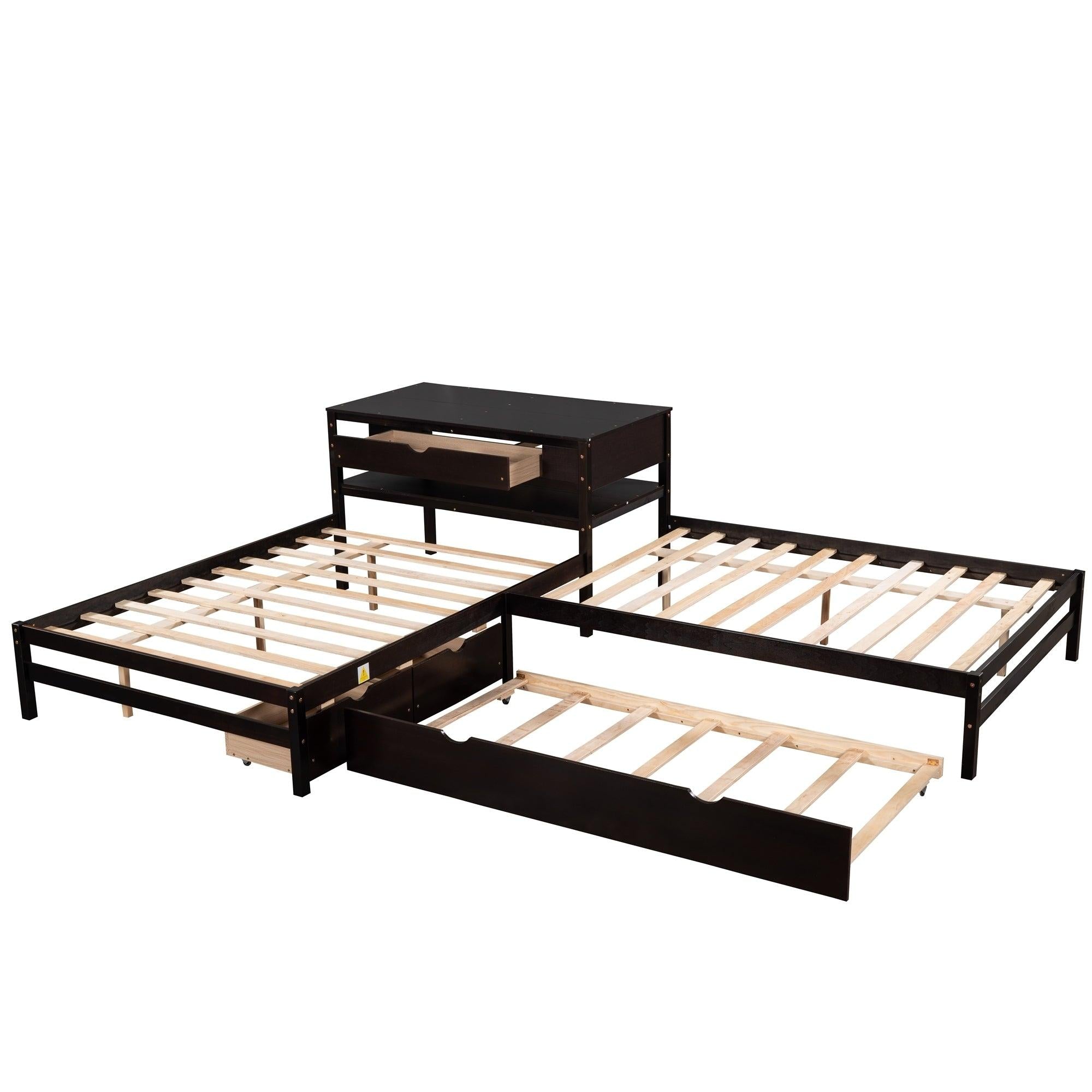 Full Size L-shaped Platform Beds with Twin Size Trundle and Drawers Linked with Built-in Rectangle Table,Espresso