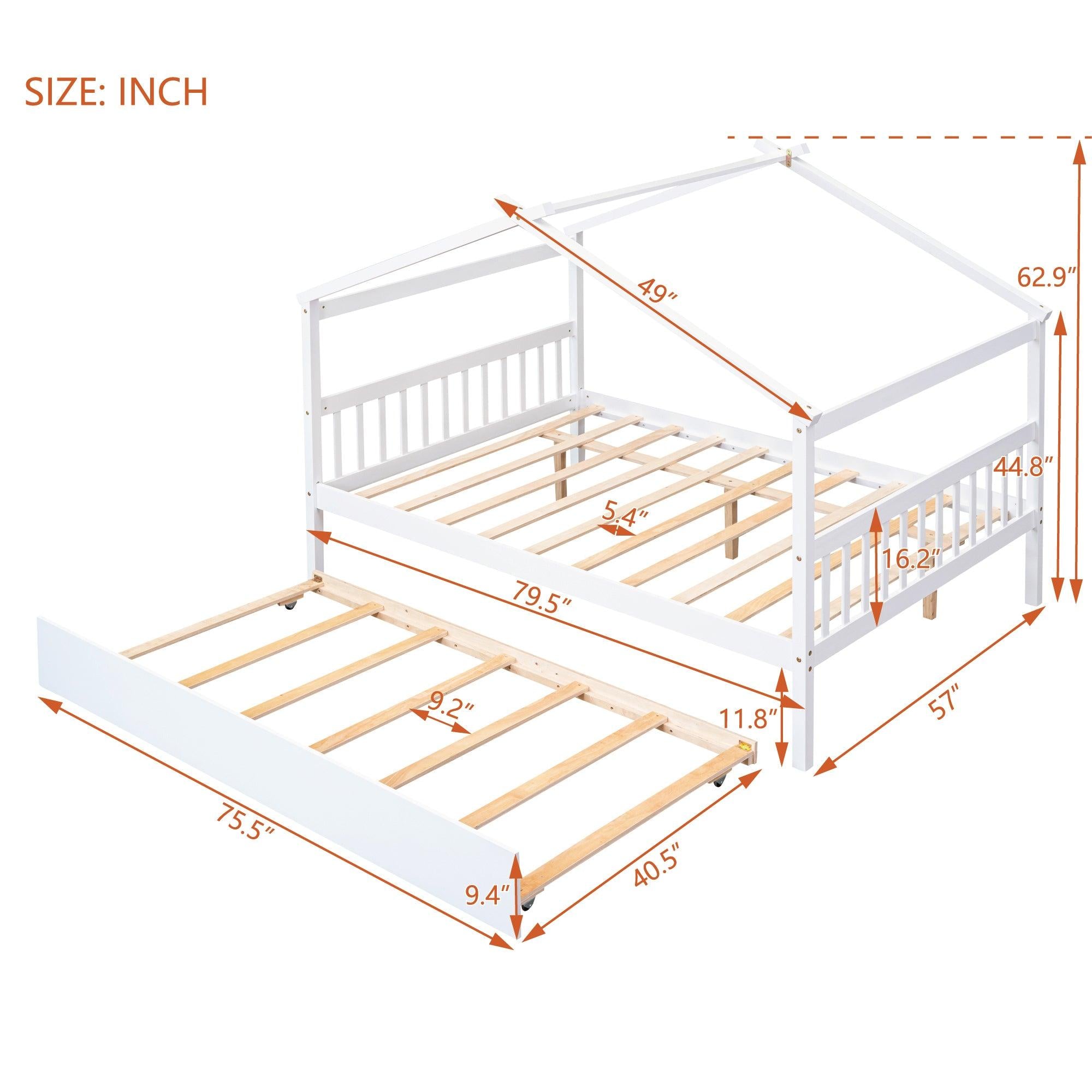 Full Size Wooden House Bed with Twin Size Trundle, White