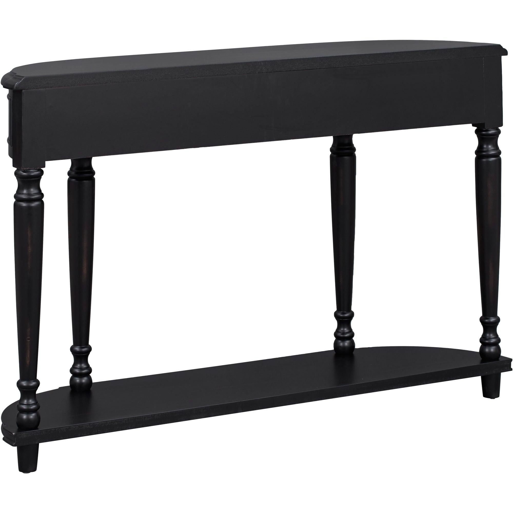 Retro Circular Curved Design Console Table with Open Style Shelf Solid Wooden Frame and Legs Two Top Drawers (Black)