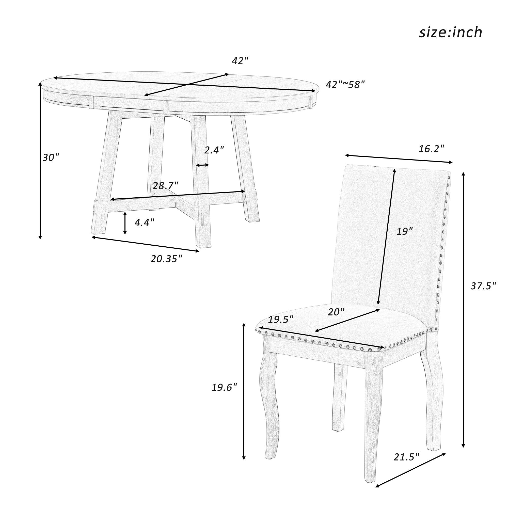 5-Piece Farmhouse Dining Table Set Wood Round Extendable Dining Table and 4 Upholstered Dining Chairs (Natural Wood Wash)