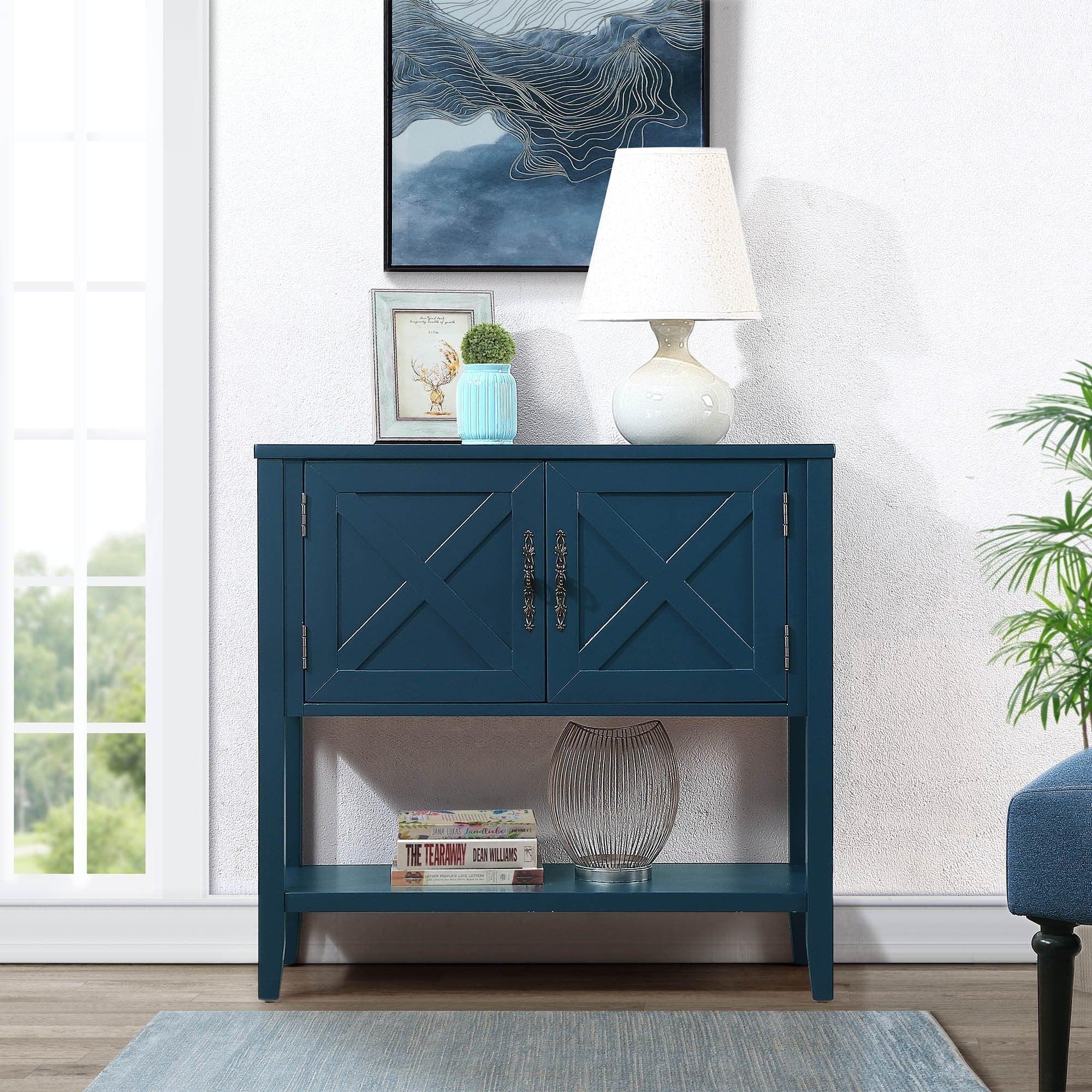 35’’ Farmhouse Wood Buffet Sideboard Console Table with Bottom Shelf and 2-Door Cabinet, for Living Room, Entryway,Kitchen Dining Room Furniture (Navy Blue)